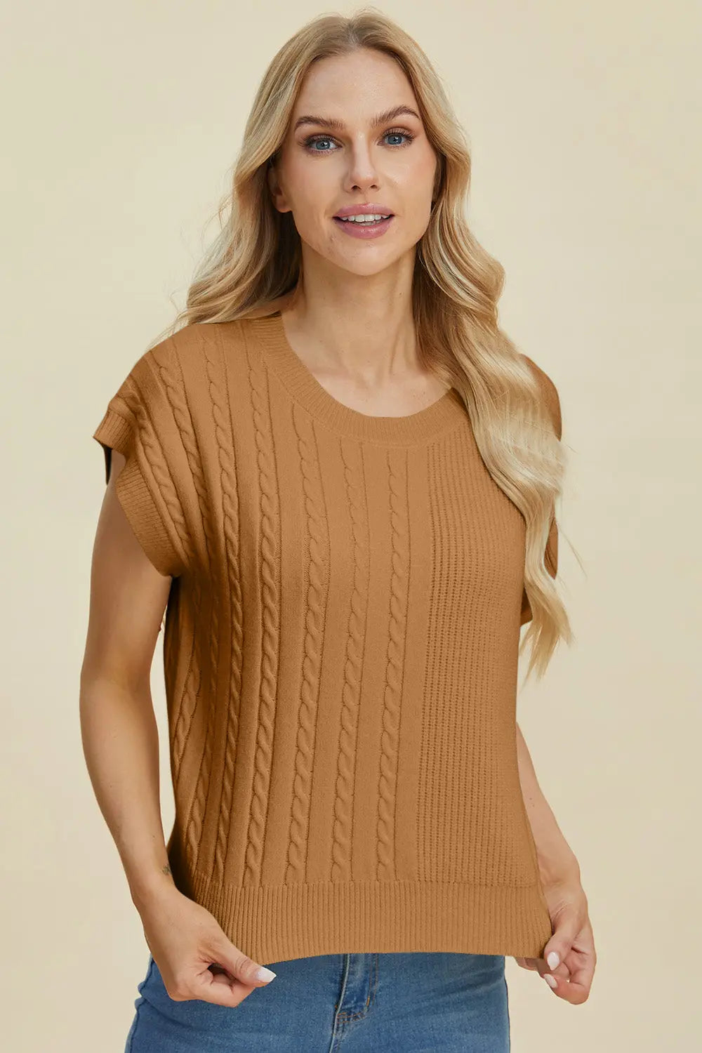Double Take Full Size Cable Knit Round Neck Short Sleeve Sweater for Women - Cozy Casual Pullover Top for Fall & Winter - Perfect for Office, Date Night and Weekend Outings
