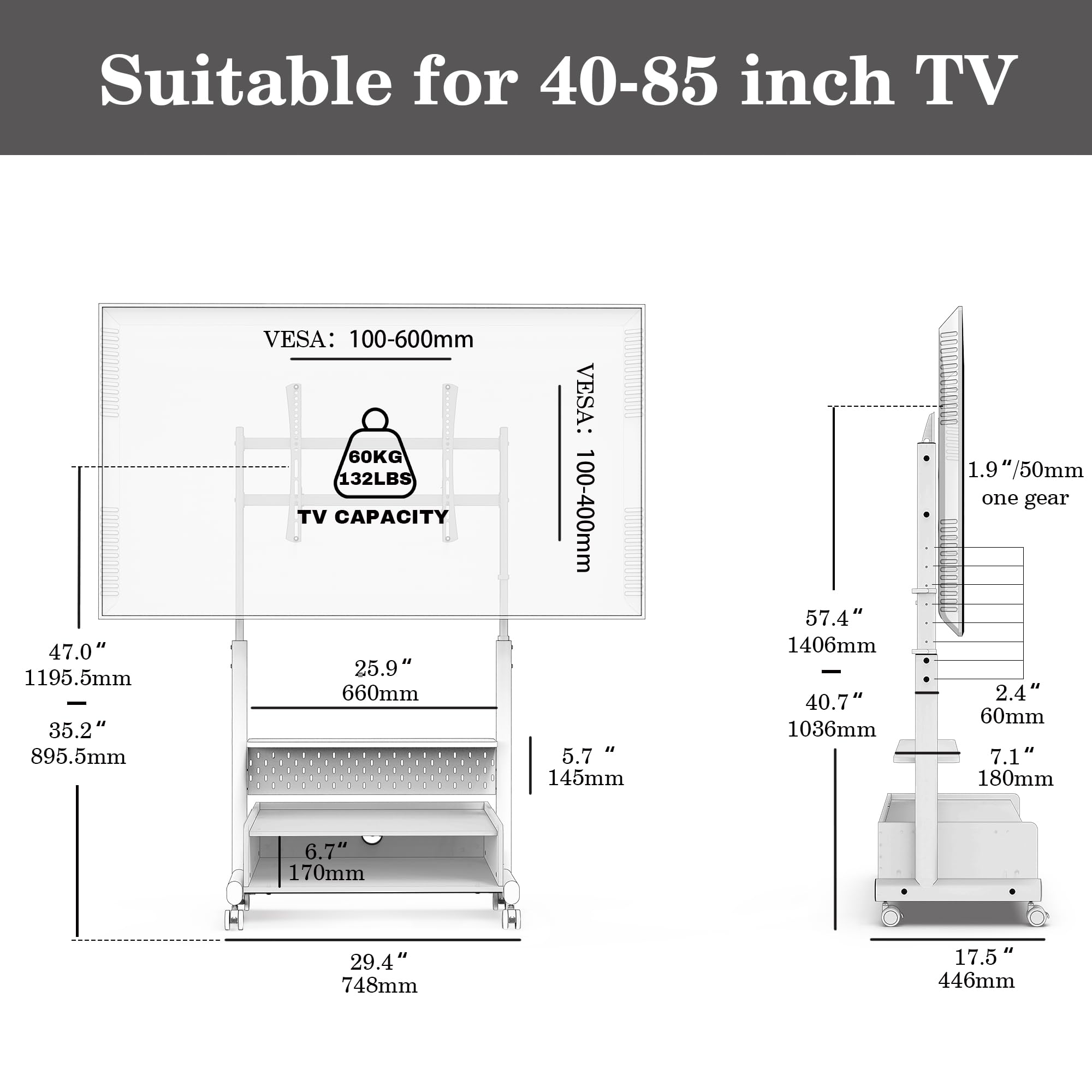 FITUEYES Heavy Duty Rolling TV Stand for 40-85 Inch Flat/Curved Screens - Mobile Corner TV Cart with Mount & Wood Storage Shelf - Holds Up to 132 lbs - Perfect for Living Room, Bedroom, or Office
