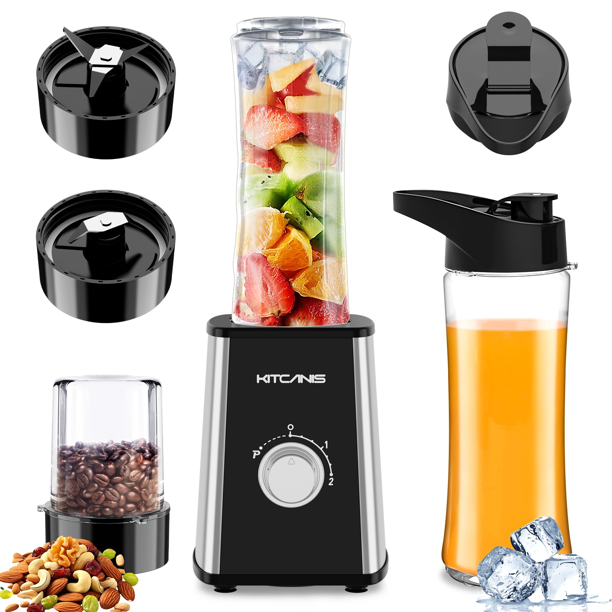 KITCANIS 800W 3-in-1 Multifunctional Smoothie Blender with 3 Speed Settings, 600ML Portable Bottle & 300ML Grinding Cup - Perfect for Ice Crushing, Fruit Smoothies, Vegetable Juices, Nut Butter - BPA-Free - Ideal for Home Kitchen, Office, Gym & Outdoor Activities