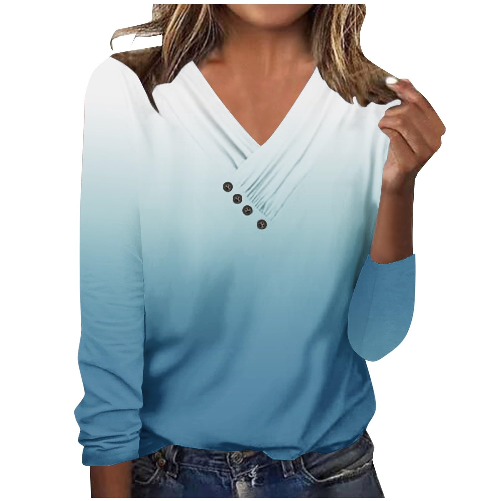 Trendy Women's Loose Casual Button Down Shirt - V Neck Long Sleeve Oversized Blouse Top for Everyday Wear & Office Outfits