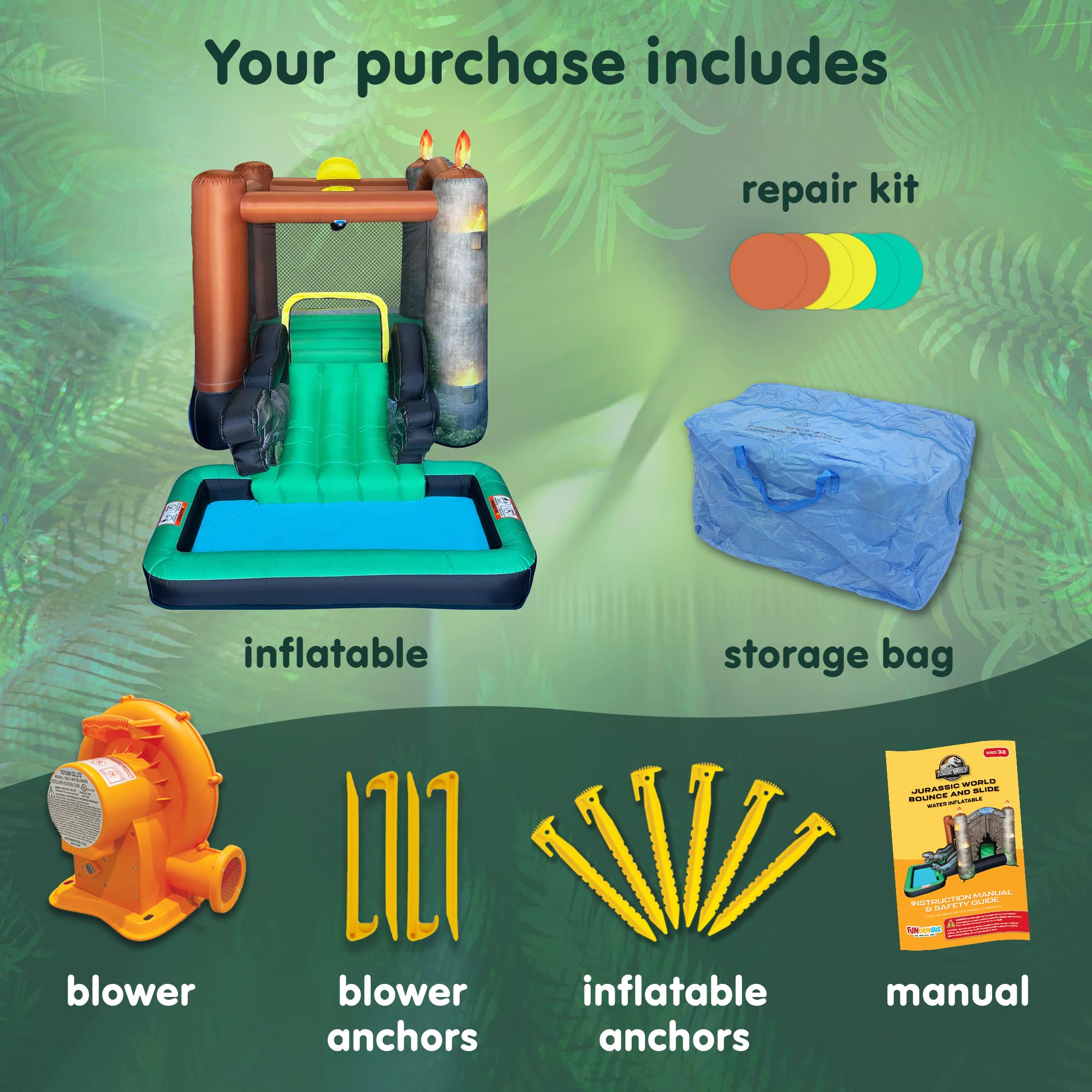 Jurassic World Dinosaur Bounce House with Water Slide & Ball Pit - Indoor/Outdoor Inflatable Bouncer Castle for Kids 3-8 | Includes GFCI Air Blower & Pool | Perfect for Birthday Parties, Backyard Fun & Summer Water Play