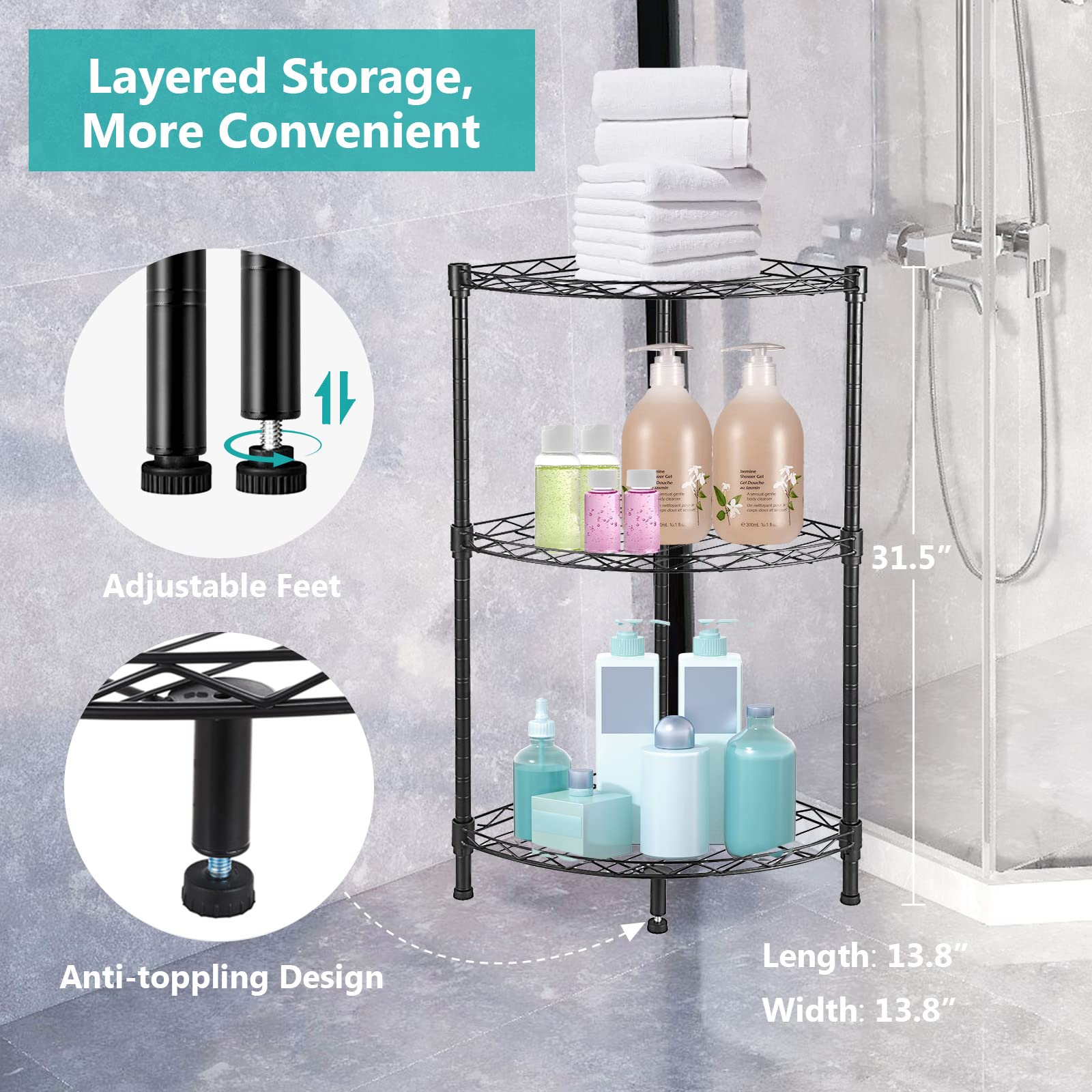 3-Tier Adjustable Metal Wire Corner Shelving Unit - 13.8