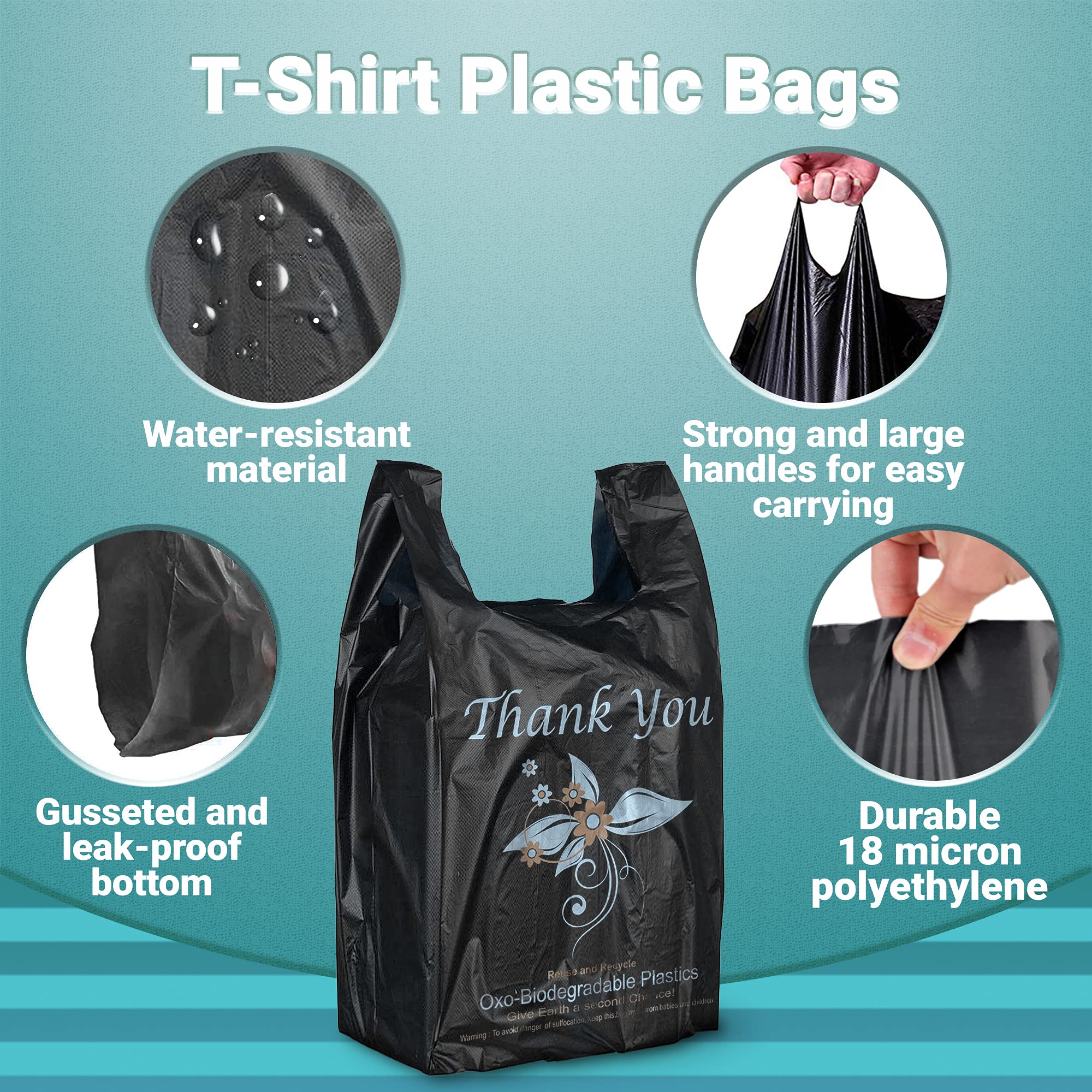 APQ 400 Pack Thank You Plastic Bags 18x8x32 Inches - 18 Micron Thick Black T-Shirt Carry Out Bags | Durable Preprinted Retail Shopping Bags for Stores, Restaurants & Clothing Boutiques | Perfect for Gift Packaging, Takeout Orders & Customer Purchases
