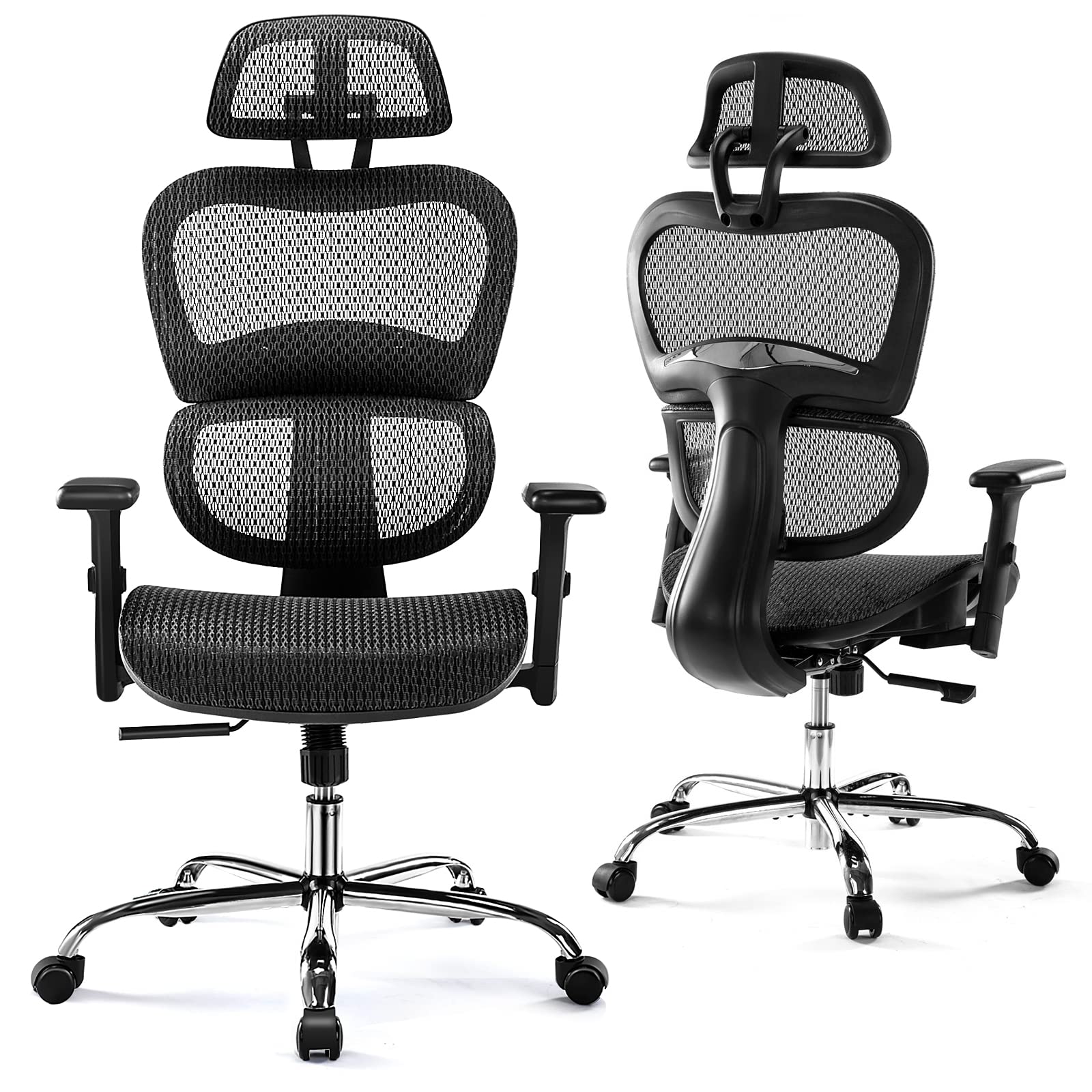 Ergonomic High Back Office Chair with Headrest & Lumbar Support - Adjustable Height Mesh Computer Chair with Swivel Base & Movable Armrests - 300 lbs Weight Capacity - Perfect for Home Office, Gaming & Executive Workspaces