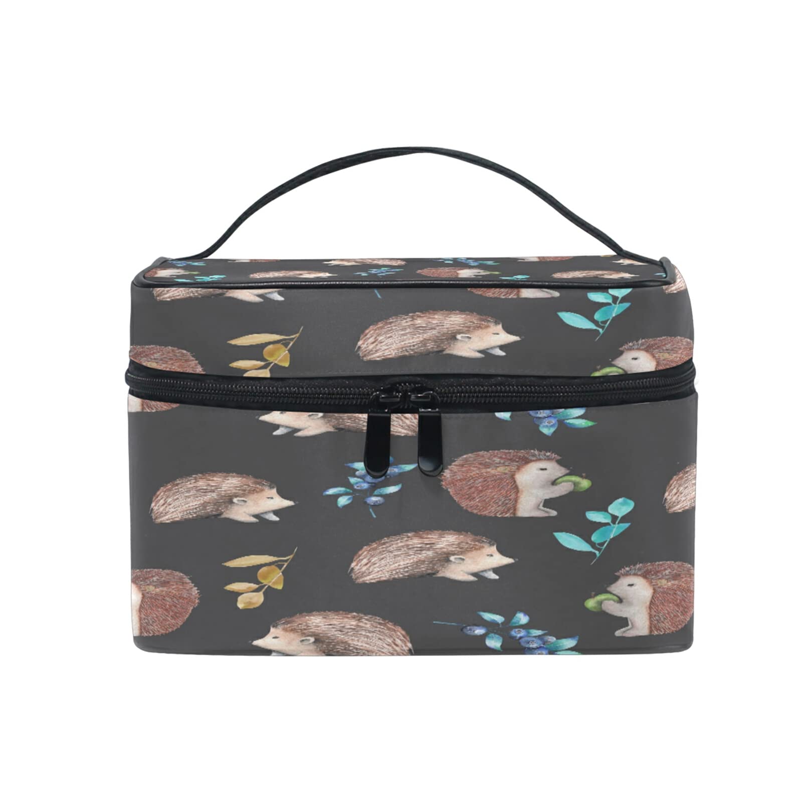 Cute Hedgehog & Blueberry Pattern Cosmetic Bag - Travel Makeup Organizer with Handle & Zipper for Women & Girls - Perfect for Travel, Gym, and Daily Makeup Storage