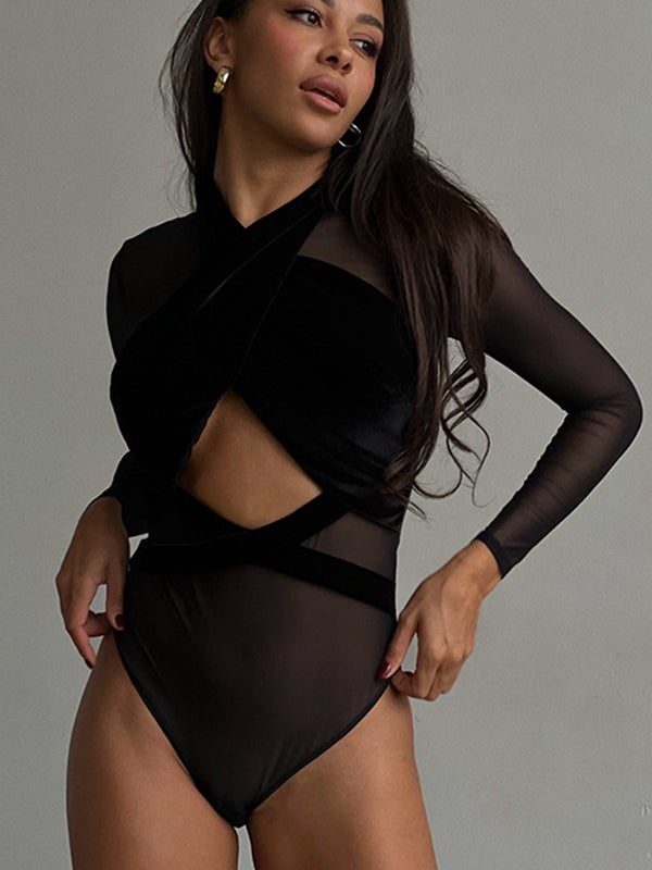ZASUWA Women's Sexy Sheer Mesh Cutout Cross Bodysuit - Lingerie for Date Night & Boudoir Photography