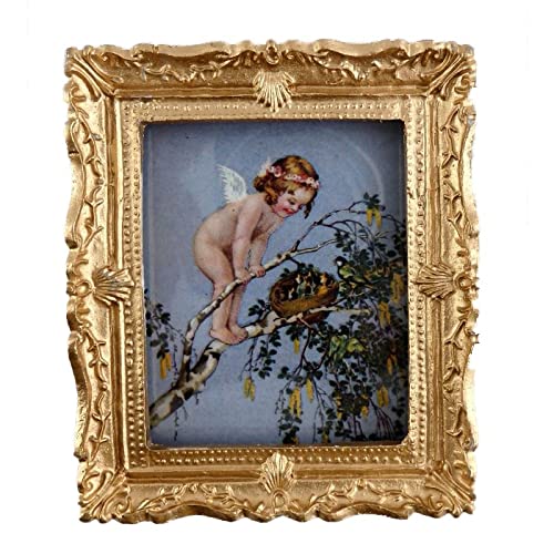 Melody Jane Dollhouse Miniature Accessories - Cherub & Birds Nest Painting in Gold Frame | Perfect for Dollhouse Decor, Collectibles & Miniature Displays