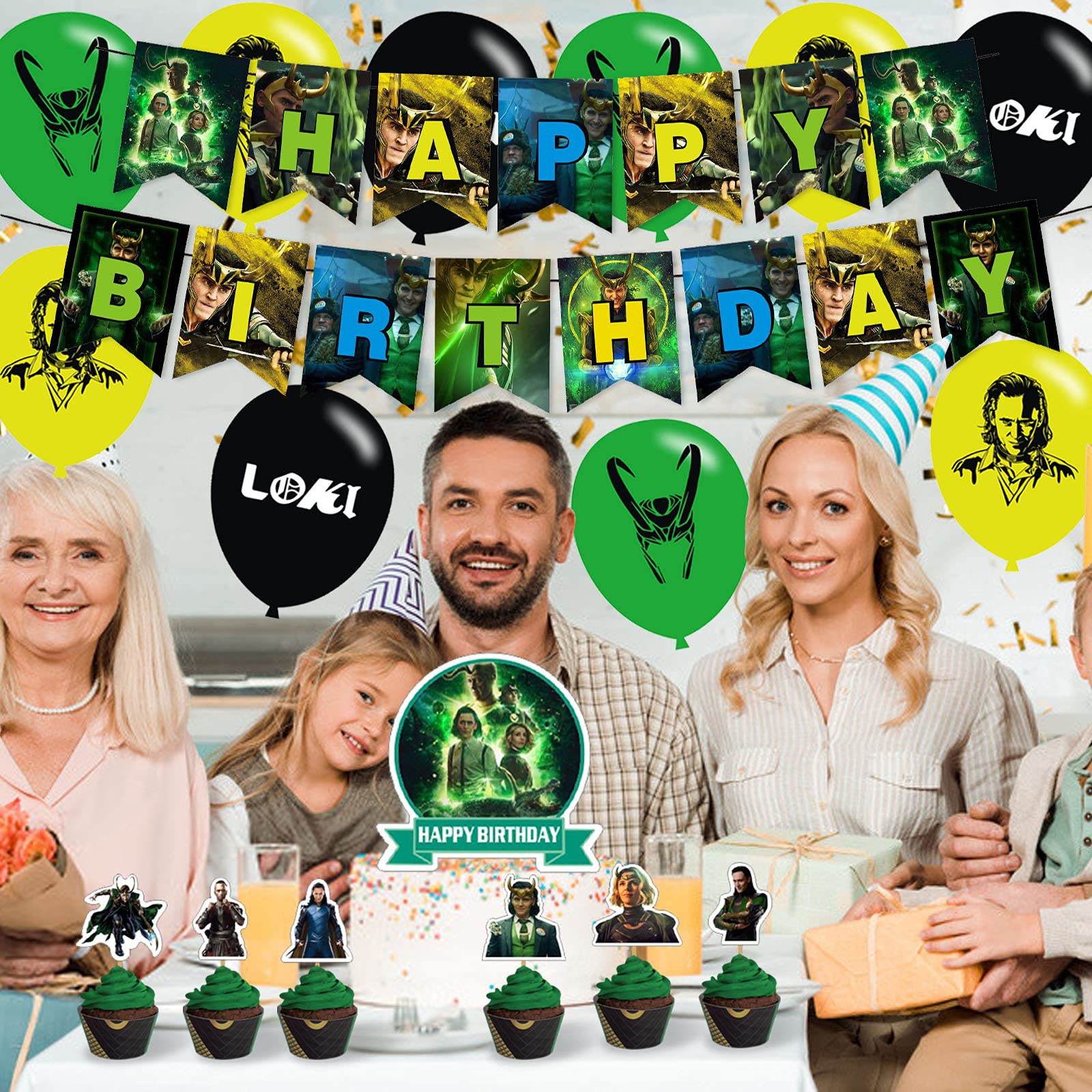 Loki Party Decorations Set - Birthday Banner, Cake Topper, Cupcake Wrappers, Balloons & Stickers for Marvel Themed Parties, Baby Showers & Superhero Celebrations