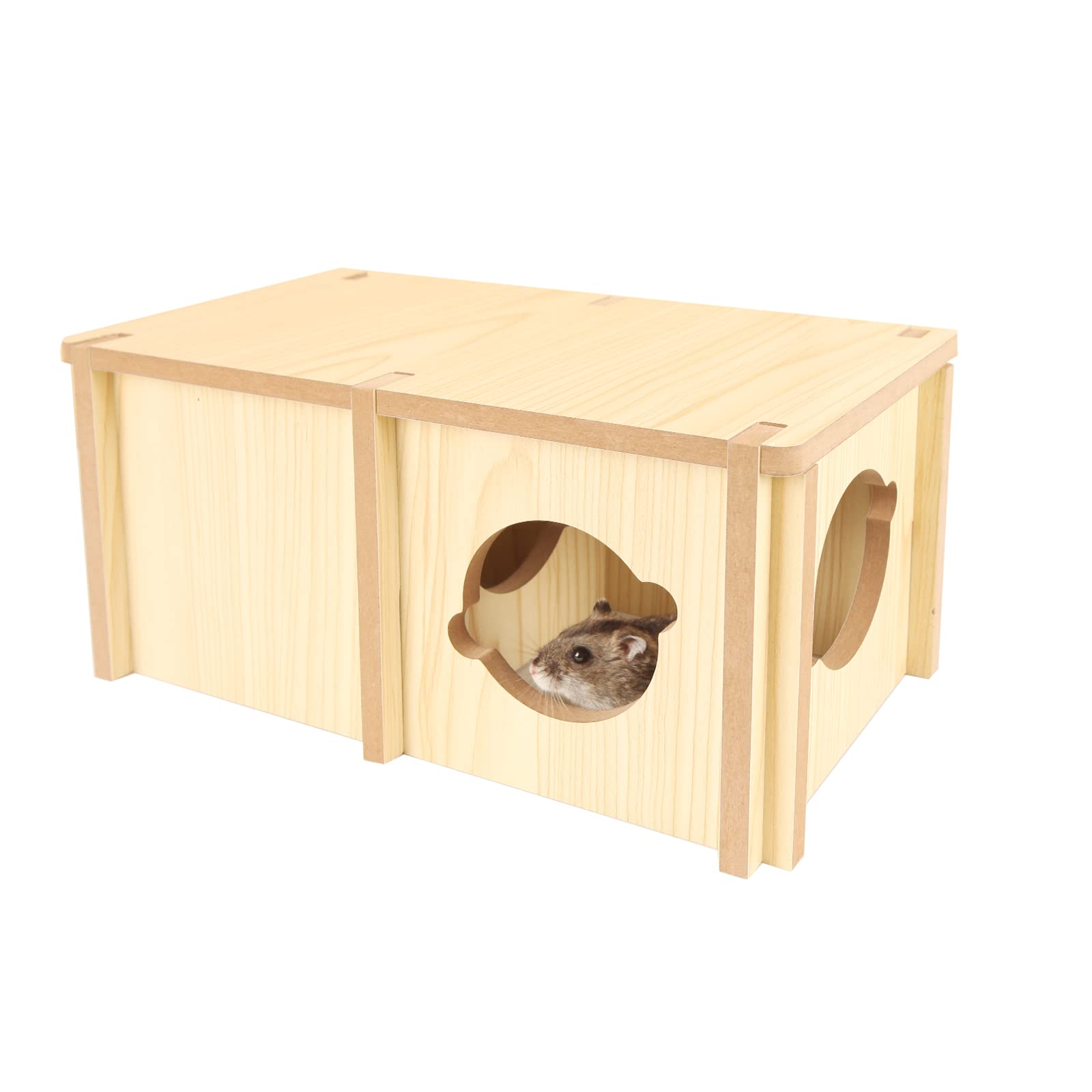 BUCATSTATE Wooden Hamster Hideout House with 2 Chambers & Tunnel - Chew-Proof Small Animal Cage Accessories for Golden Bear, Chipmunk, Chinchilla - Perfect for Playtime & Exploration in Pet Habitats