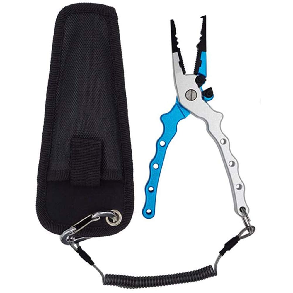 **Premium Aluminum Fishing Pliers with Stainless Steel Hook Remover - Sheath & Lanyard Included | Lip Gripper, Split Ring Tool & Braid Line Cutters | Ideal for Kayak, Ice, Saltwater & Freshwater Fishing**    *(Use Case: Perfect for anglers needing durable, multi-functional pliers for various fishing environments like kayaking, ice fishing, or saltwater expeditions.)*