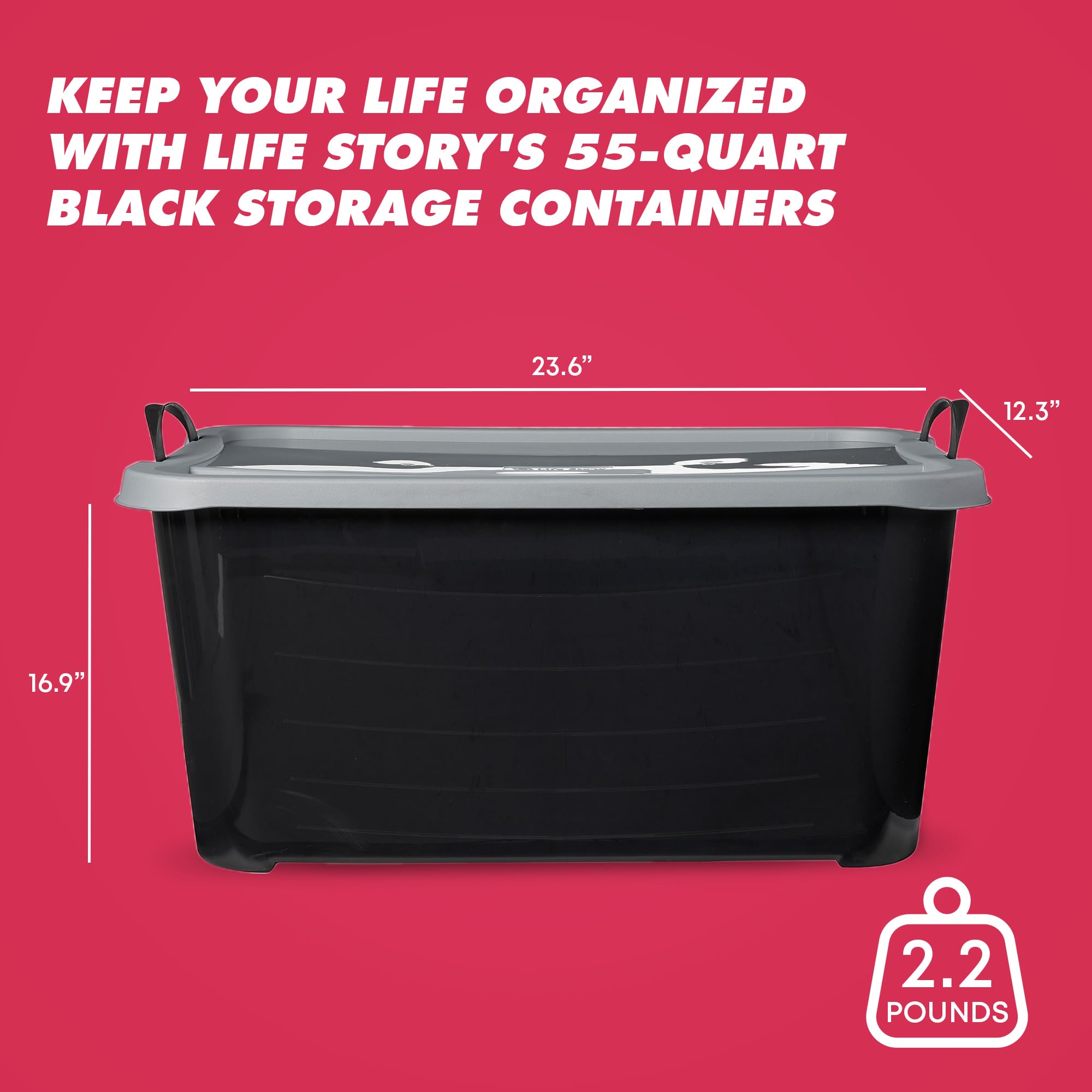 55 Quart Stackable Storage Bins with Secure Snapping Lids & Built-in Handles - 12 Pack Black Plastic Containers for Moving, Home Organization & Closet Storage - Durable Moving Boxes for Packing, Office Supplies & Seasonal Decor