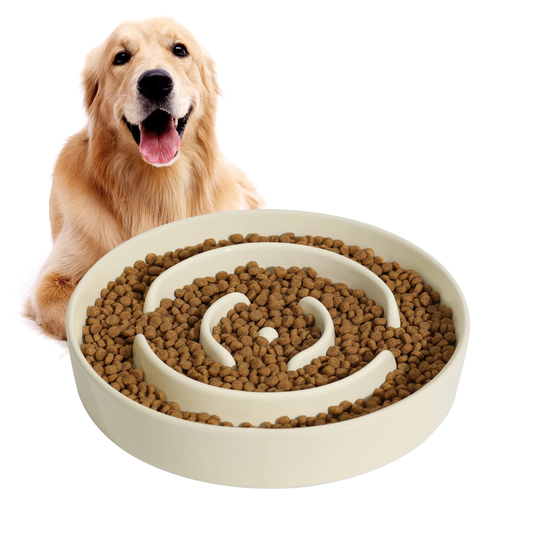 Havniva Ceramic Slow Feeder Dog Bowl - 1.5 Cup Capacity for Medium Breed Dogs - Anti-Gulping & Choking Prevention - Fun Interactive Pet Bowl - Helps Stop Bloat & Improve Digestion (Cream White, 8 Inch) - Perfect for Mealtime Enrichment & Fast Eaters