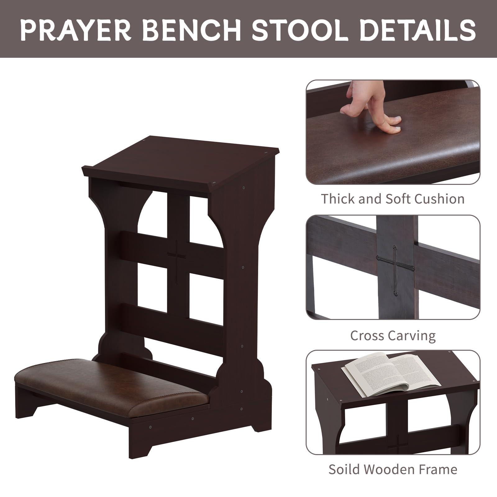 **Solid Wood Prayer Bench Stool with Shelf & Cushion - 23x20x32.8 Inch Kneeling Bench for Church, Home Worship - Religious Gifts & Devotional Furniture for Comfortable Prayer & Meditation**