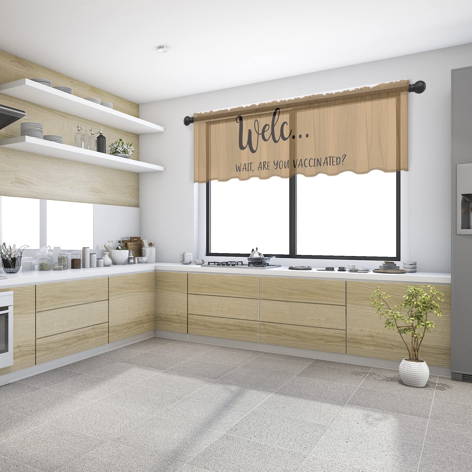 Funny Personalized Monogram Window Valance - 'Welcome Wait Are You Vaccinated?' Rod Pocket Tier Curtain | Light Filtering Chiffon Sheer Panel for Kitchen, Living Room, Bedroom & Cafe Decor | Perfect for Home, Office & Restaurant Window Treatments