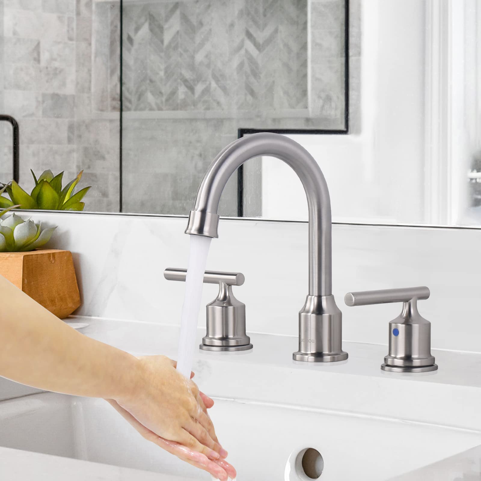 WOWOW 8 Inch Brushed Nickel Bathroom Sink Faucet - 2 Handle 3 Hole Deck Mount Brass RV Faucet with Drain - Perfect for Vanity, Guest Bath & Tiny Home Installations