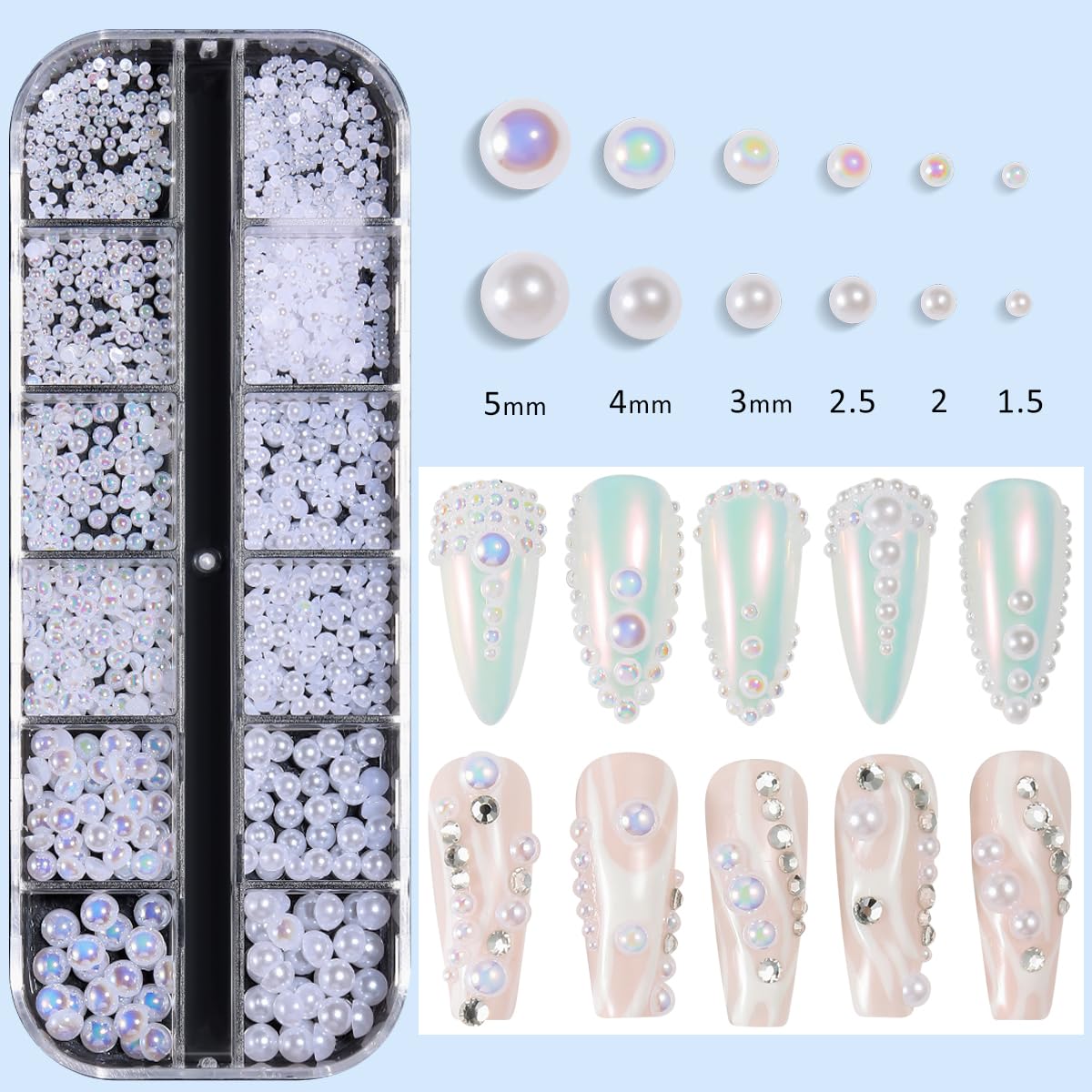 3D Nail Art Rhinestones Set - Half Round Pearl Beads, Flatback White Crystals & Flower Charms with Bow Decorations | Professional Nail Gems Kit with Picker Pencil | Perfect for DIY Manicures, Salon Nail Designs & Special Occasion Nail Art