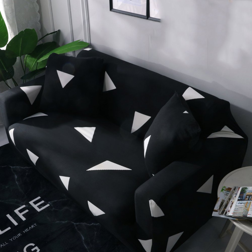 DW&HX Anti-Slip Stretch Sofa Slipcovers - 1-Piece Polyester Couch Cover with Elastic Straps, Furniture Protector for 1/2/3/4 Cushion Sofas (No Pillowcase) - Black Triangle Pattern - Perfect for Living Room, Home Decor & Pet Protection