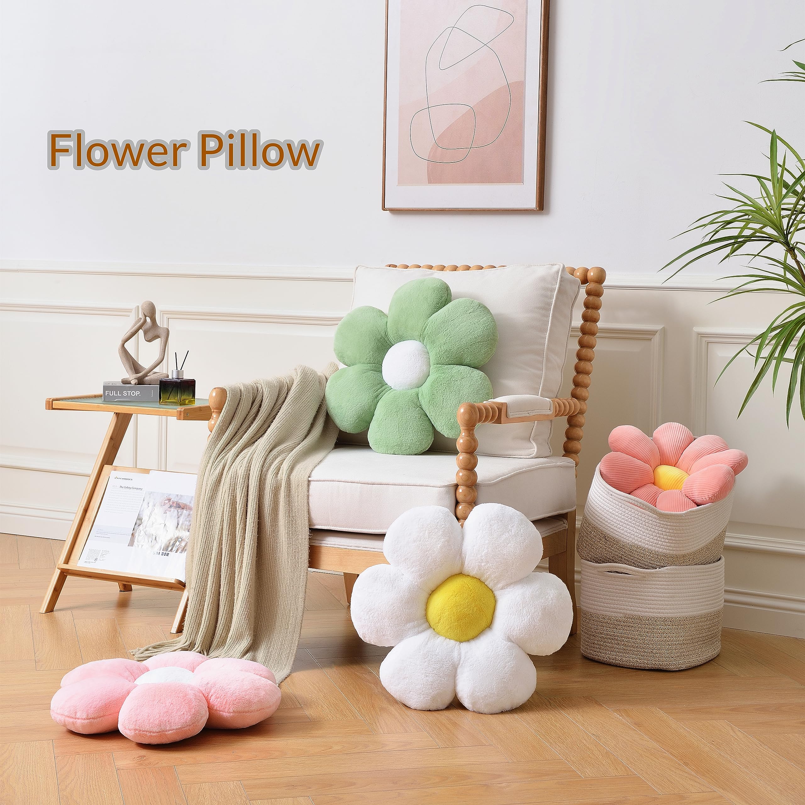 15.7 Inch Daisy Flower Shaped Throw Pillow - Green Decorative Floor Cushion for Sofa, Couch & Bed | Soft Home Decor Accent Pillow for Living Room, Nursery & Outdoor Use