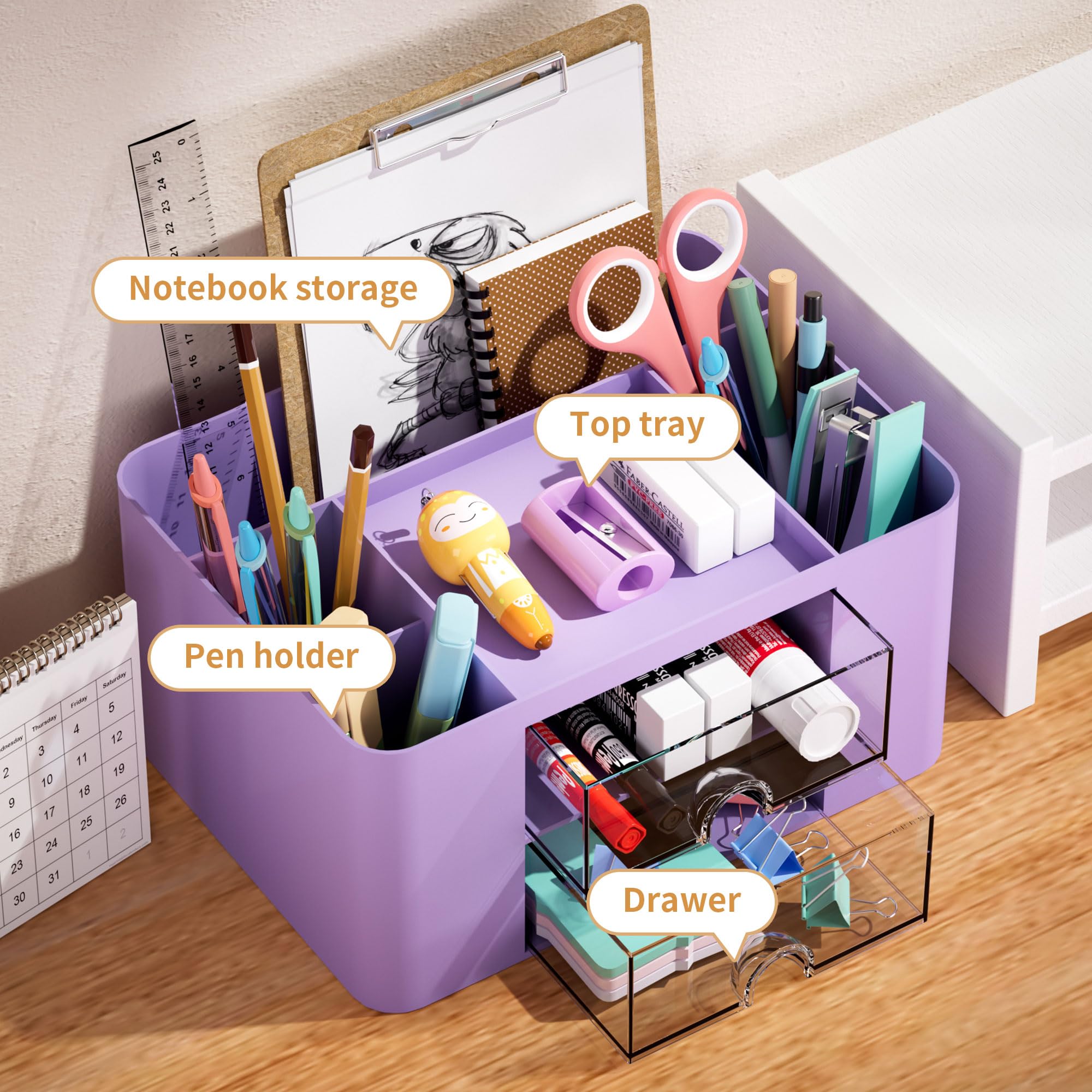 Marbrasse 2-Drawer Pen Organizer - Multi-Functional Desk Pencil Holder with 5 Compartments for Office & Art Supplies (Purple) | Perfect for Home Office, School & Craft Room Organization