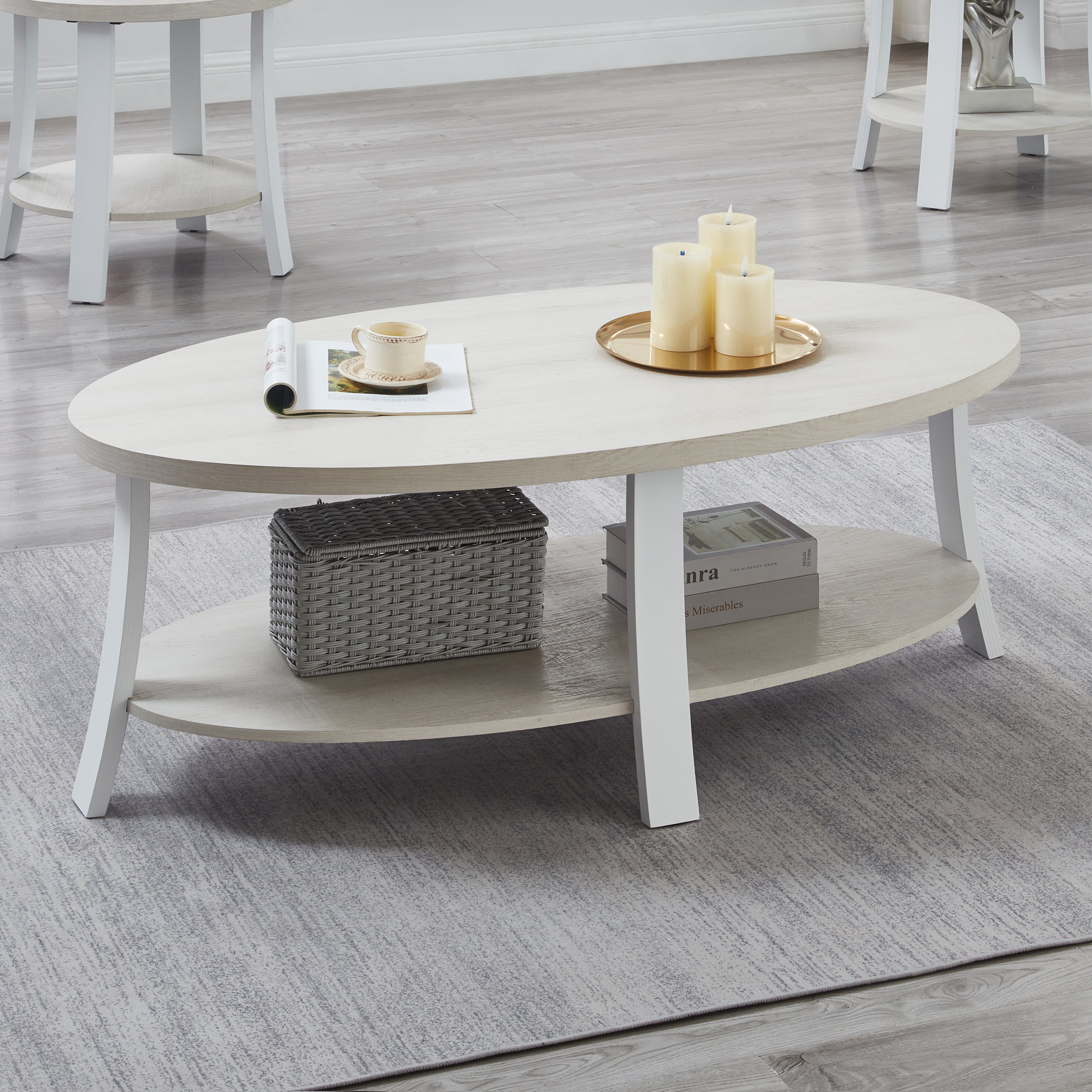 Roundhill Furniture Anze Contemporary Oval Wood Shelf Coffee Table - Modern Living Room Centerpiece for Home Decor & Storage