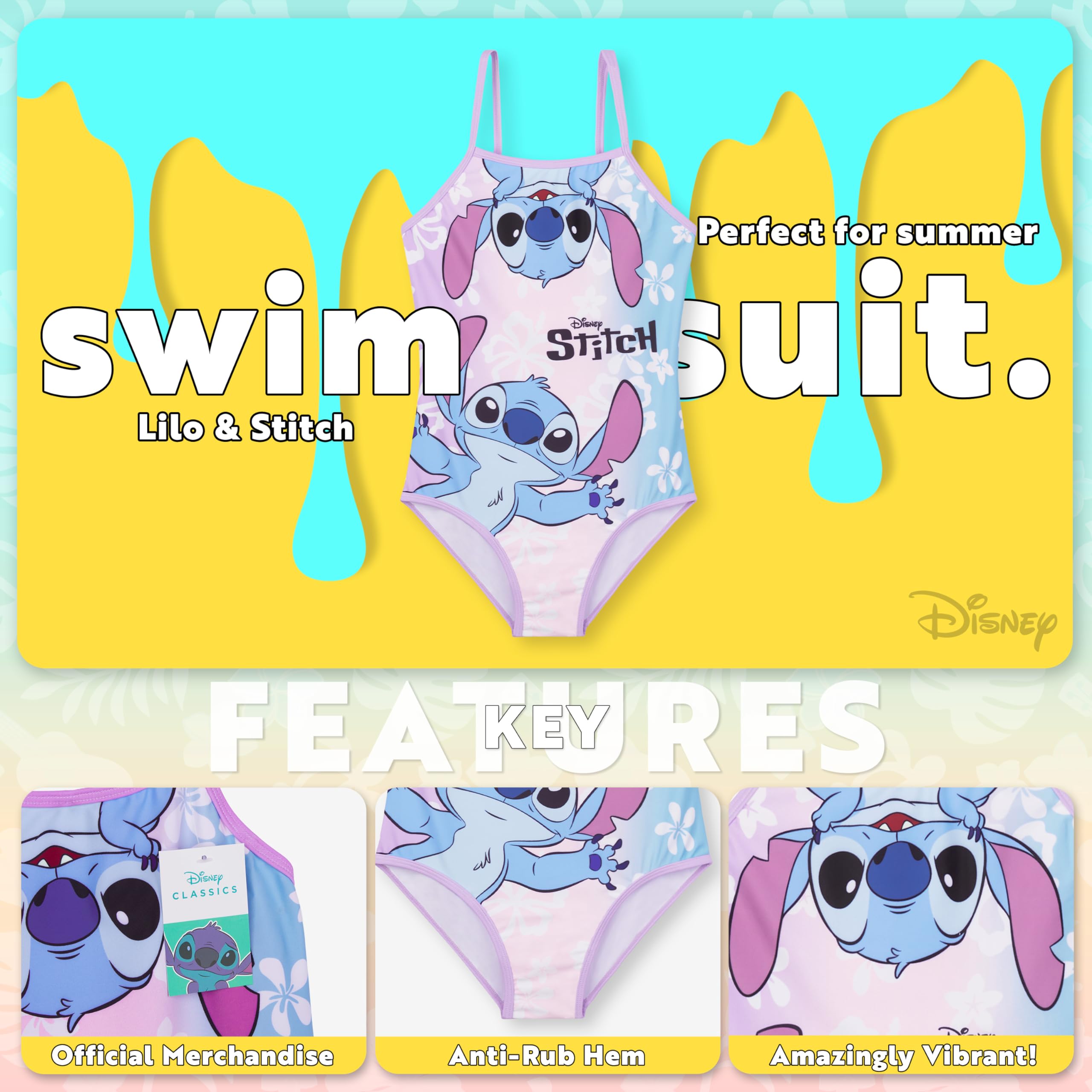 Disney Stitch Girls One Piece Swimsuit - Stretchy Comfortable Swimwear for Beach, Pool & Summer Vacation | Perfect for Swimming Lessons, Water Parks & Tropical Getaways