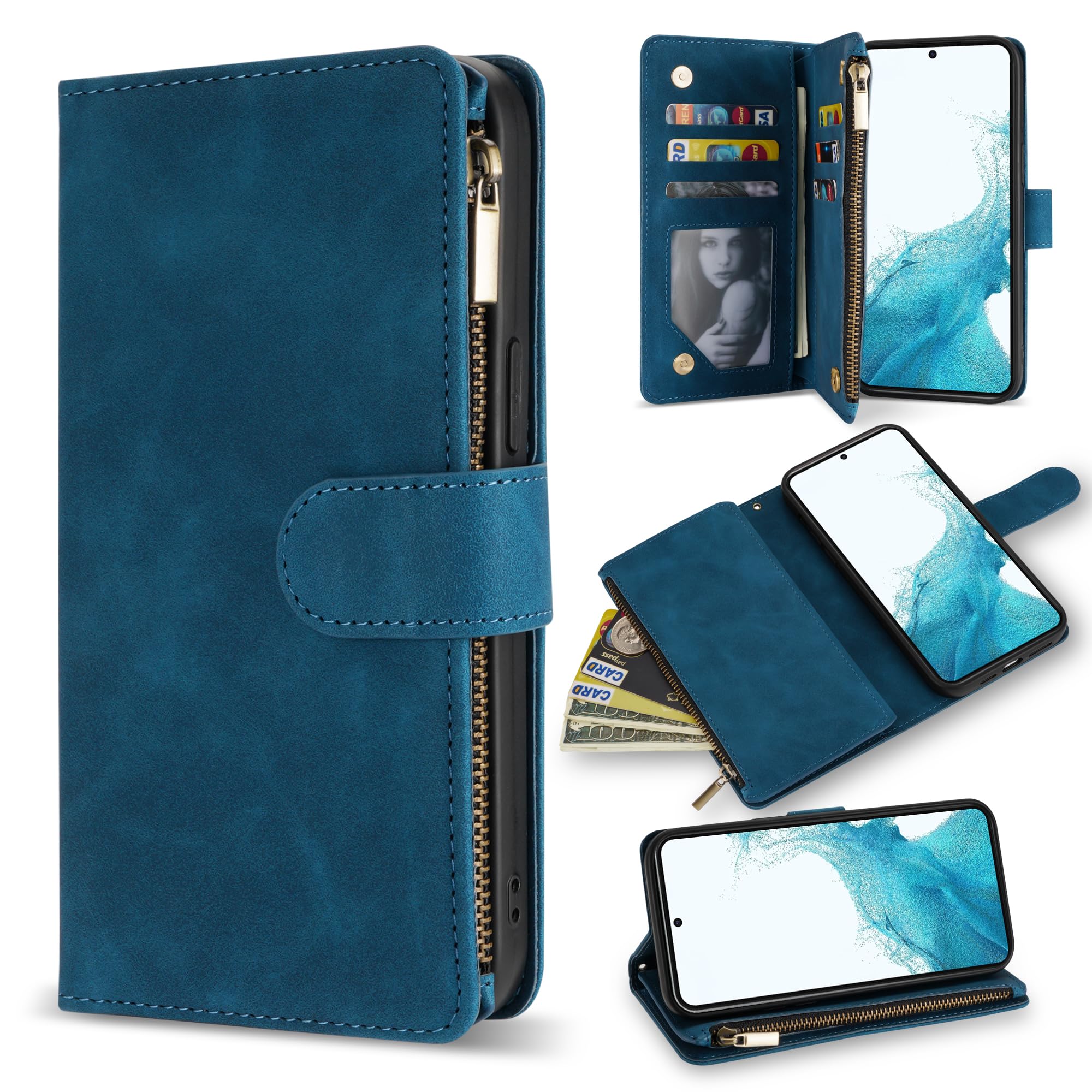 Premium Soft PU Leather Zipper Flip Wallet Case for Samsung Galaxy S22 (6.1 Inch) - Card Slots, Wrist Strap & Kickstand | Protective Cover for Everyday Use, Travel & Business Meetings (Blue)