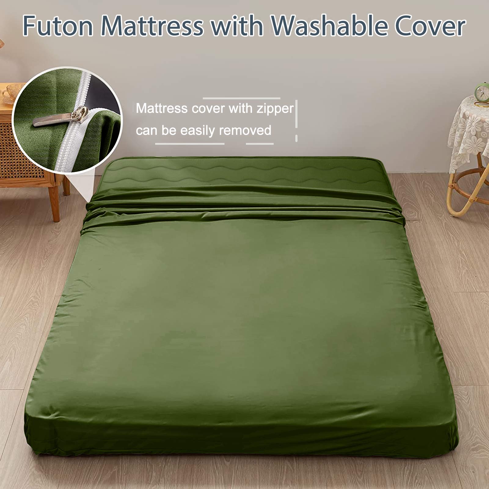 MAXYOYO Padded Japanese Floor Mattress - Green Foldable Roll Up Futon Mattress for Bedroom, Guest Room & Travel | Comfortable Floor Sleeping & Lounging