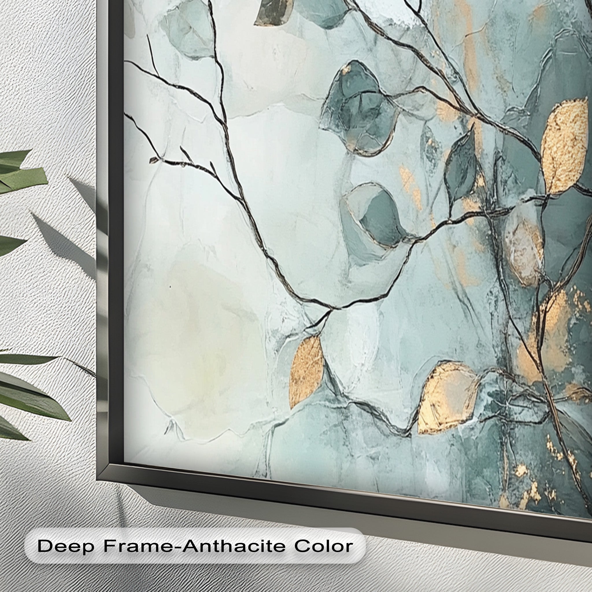Blue and Metallic Leaf Branch Abstract Oil Painting - Handmade Canvas Wall Art for Living Room, Bedroom & Office Decor