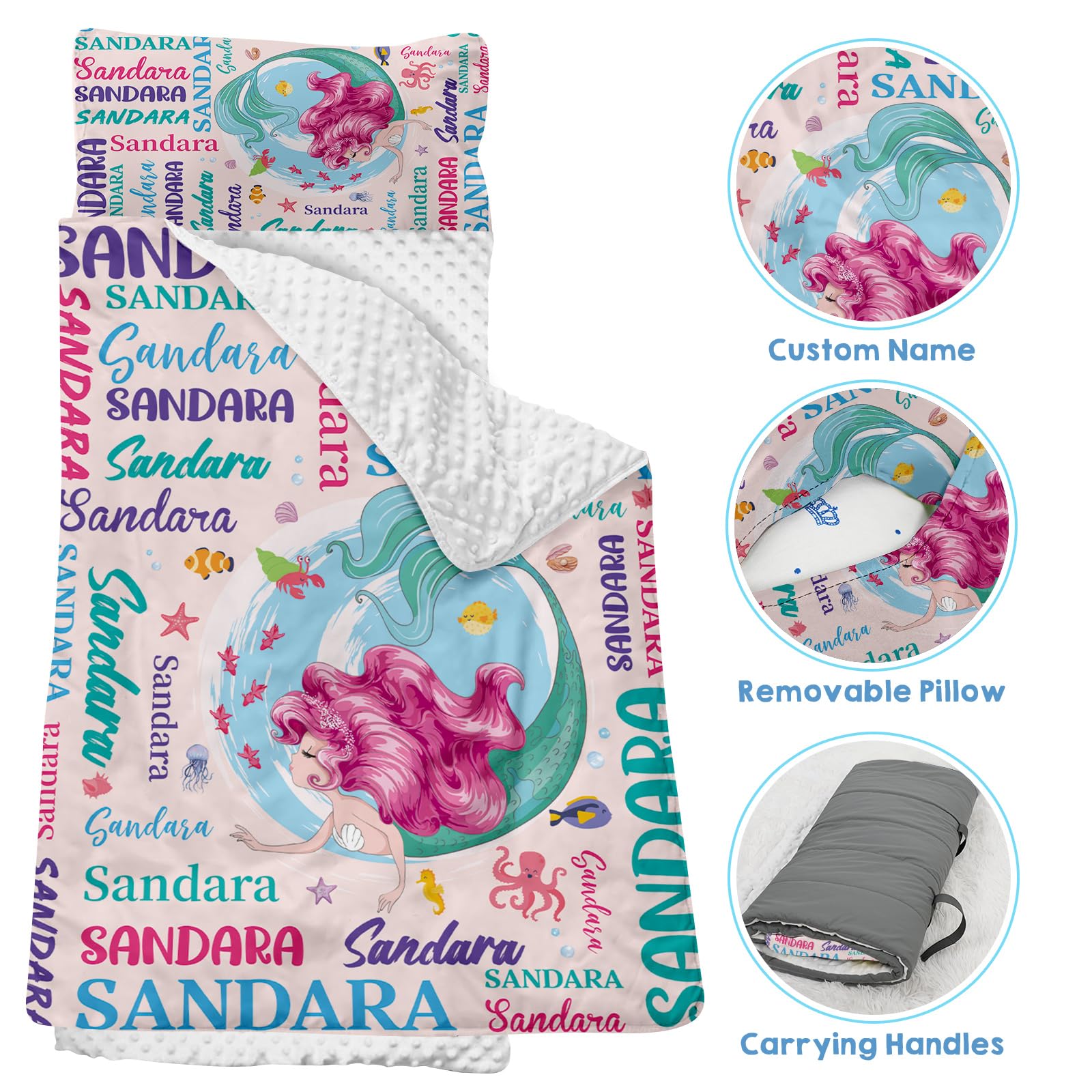 Personalized Nap Mat for Toddlers - Custom Name Daycare Sleeping Mat with Pillow & Blanket Set for Preschool Boys & Girls | Perfect for Daycare, Kindergarten & Travel