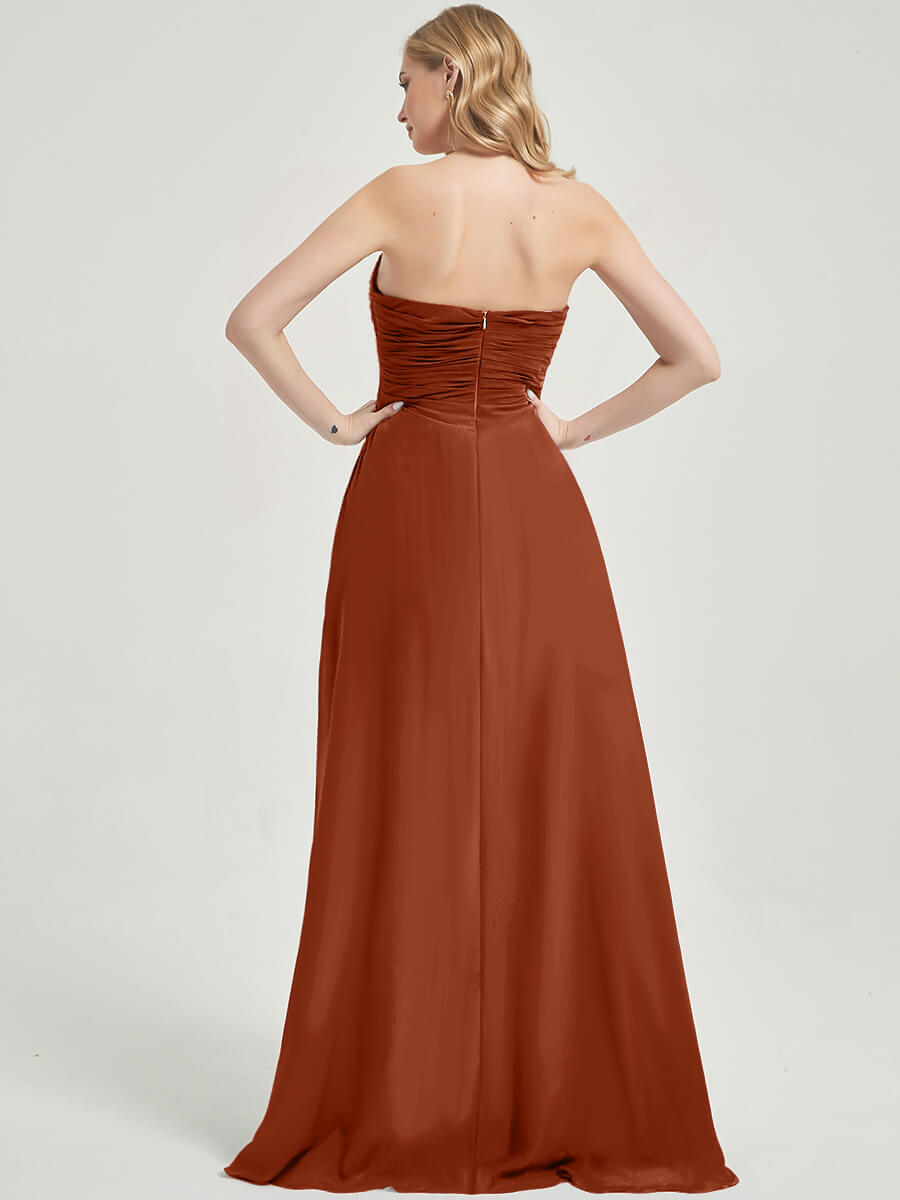 Elegant Burnt Orange Strapless Floor-Length Empire Waist Bridesmaid Dress with High Slit - Perfect for Weddings, Formal Events & Evening Parties