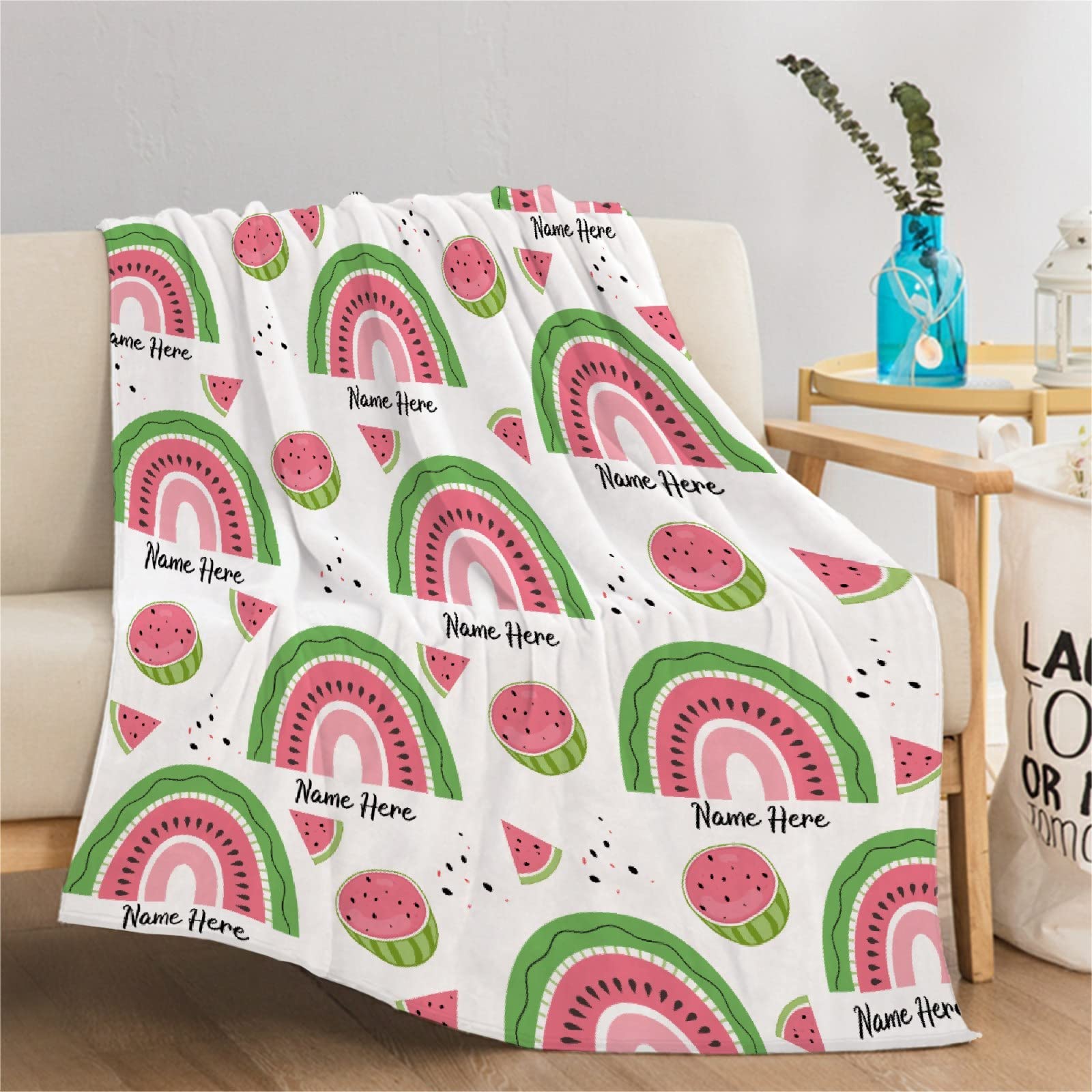 Custom Flannel Blanket Personalized with Watermelon Rainbow Design - Soft Warm Throw Blanket for Couples, Gifts, Home Decor & Cozy Nights