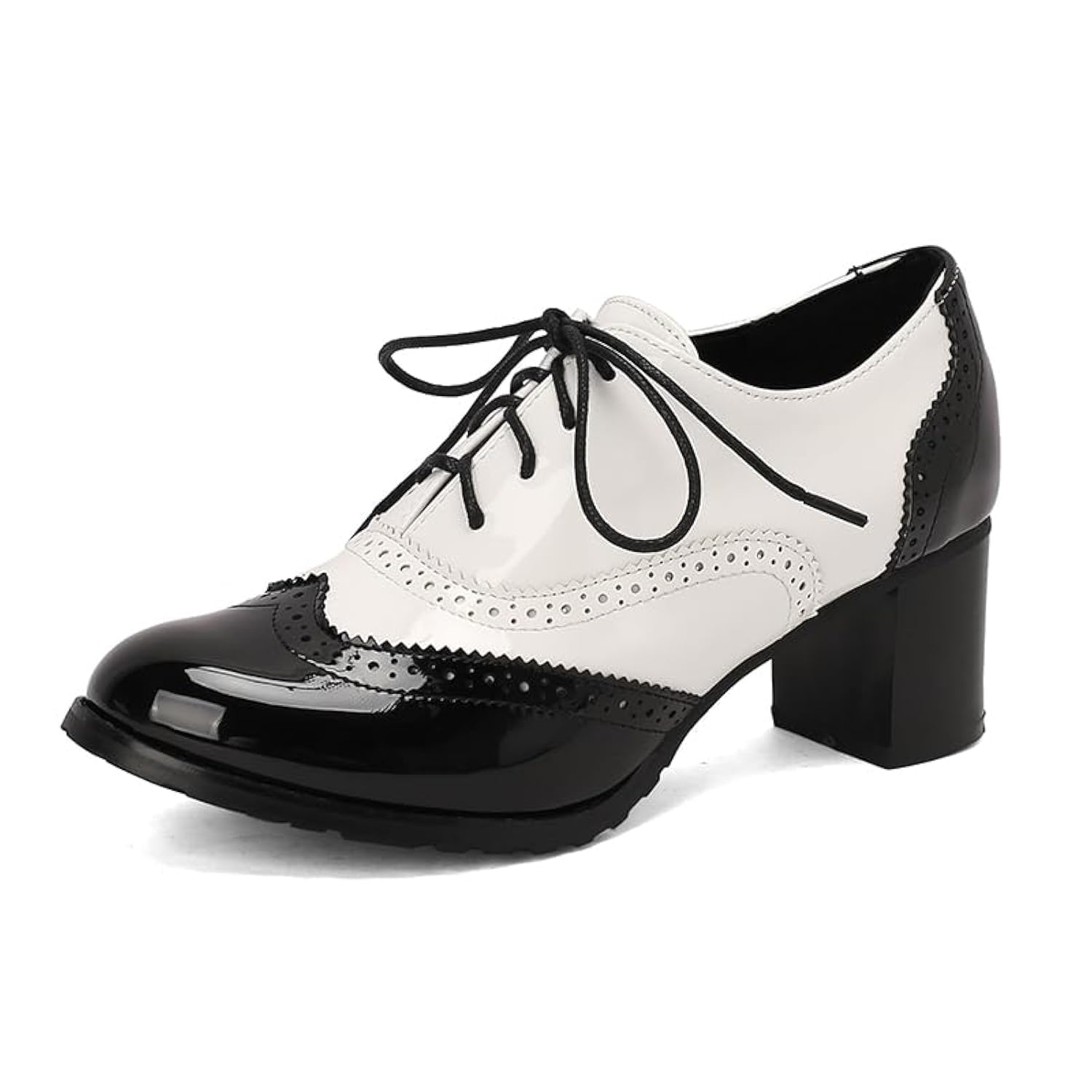 Vintage Women's Oxford Shoes - Chunky High Heels Wingtip Lace-Up Pumps with Two-Tone Perforated Saddle Design | Retro Fashion for Work, Dating & Special Occasions