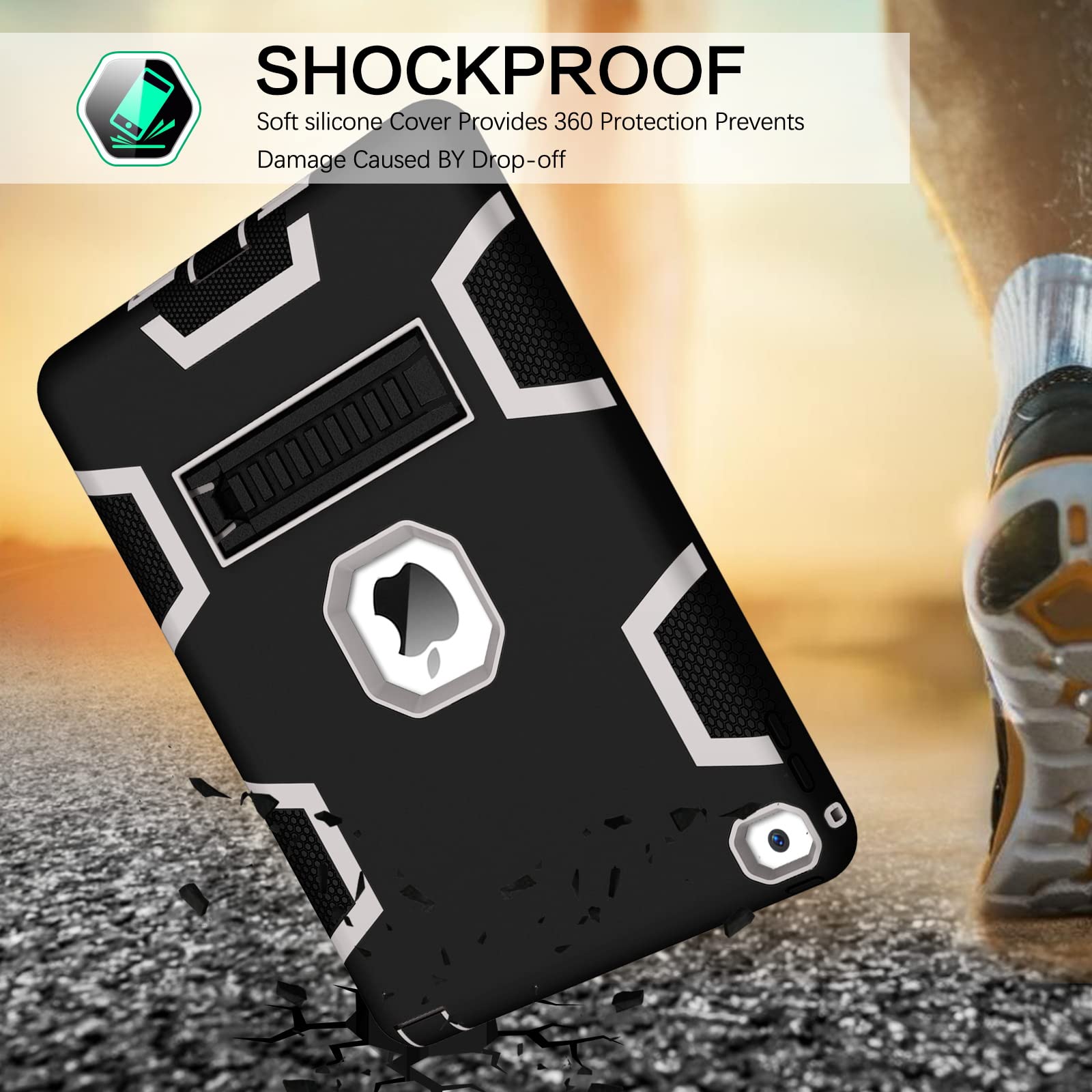Shockproof iPad Air 2 Case (2nd Gen) - Heavy Duty 3-in-1 Protective Cover with Kickstand for A1566/A1567 (2014 Model) | Perfect for Kids, Women & Men | Ideal for School, Work & Travel (Black/Grey)