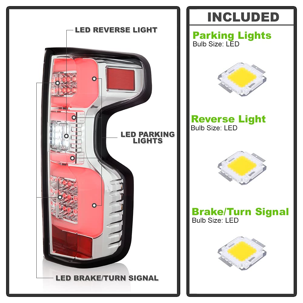 ACANII Full LED Tail Lights Brake Lamps Assembly Pair for 2019-2023 Chevy Silverado 1500 - Chrome Factory Style Replacement - Perfect for Night Driving & Enhanced Safety