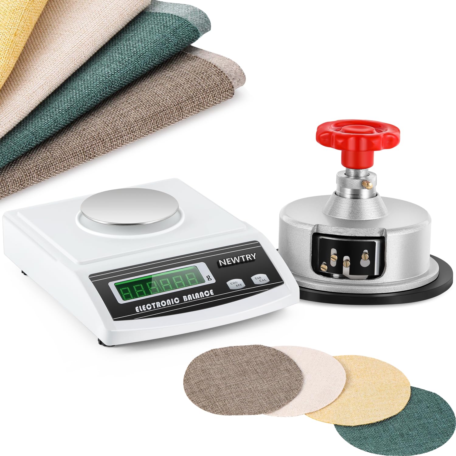 NEWTRY 600g/0.01g Precision Digital Fabric GSM Scale with 0-2mm Disc Sampler & Cloth Cutter - 110V Textile Weight Balance for Non-Woven, Paper & Fabric Testing - Perfect for Textile Labs, Quality Control & Fabric GSM Measurement