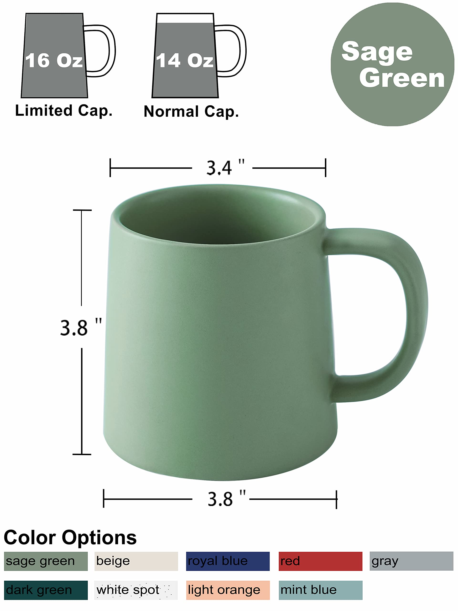 16 Oz Ceramic Coffee Mugs Set of 2 - Matte Sage Green Solid Color Tea Cups - Perfect for Home, Office & Gifts - Durable & Stylish Drinking Mugs for Coffee, Tea & Hot Beverages