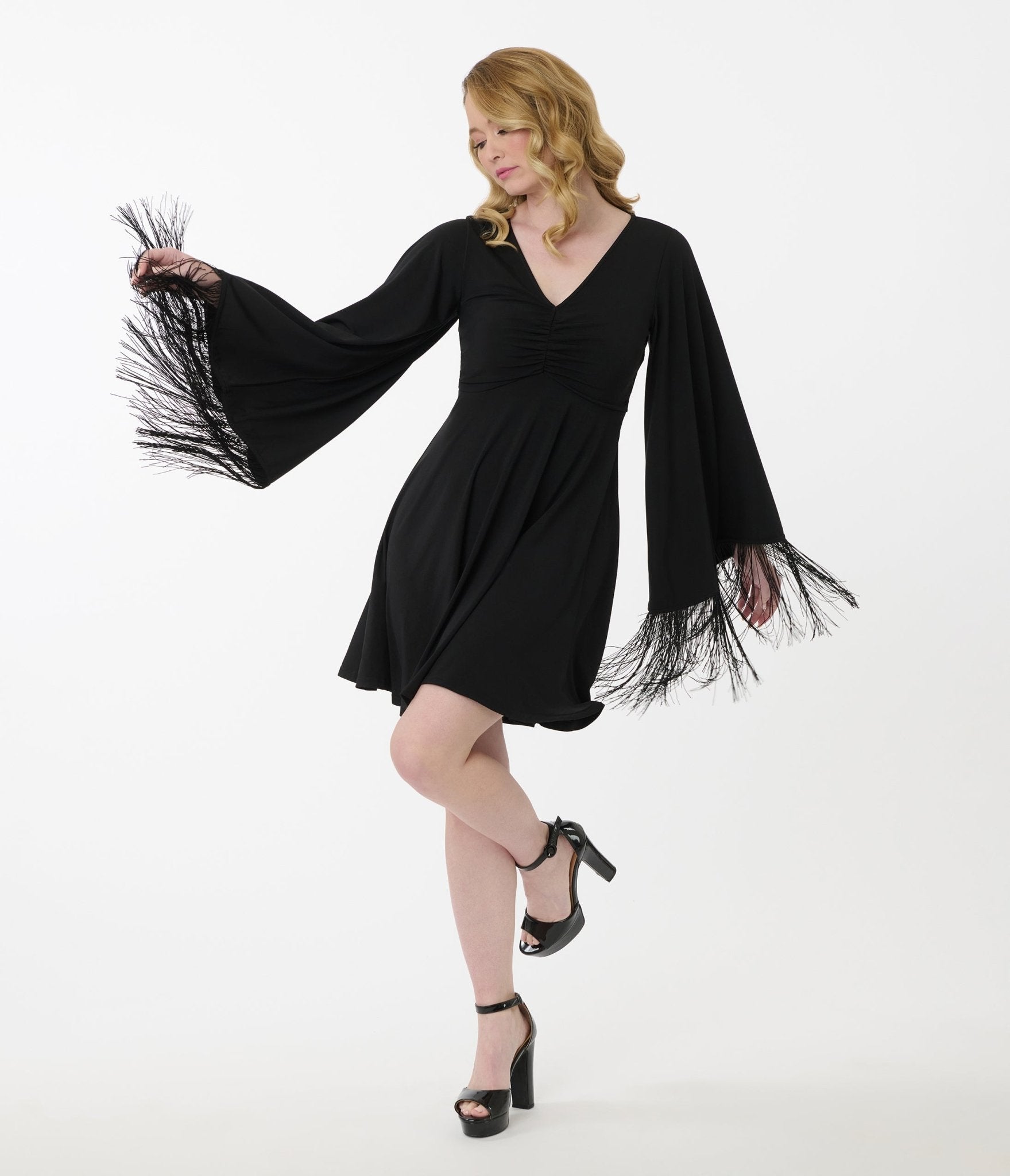 Smak Parlour Black Fringe Bell Sleeve Fit & Flare Dress | Women's Vintage Style Party Dress for Evening Out, Wedding Guest & Special Occasions