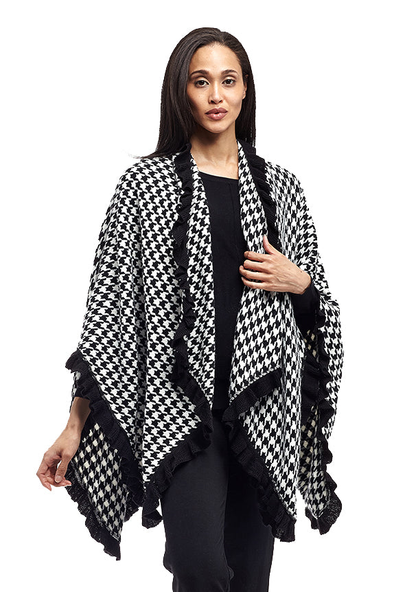 La Cera Houndstooth Split Poncho Shawl - Stylish Women's Fashion Wrap for Fall & Winter - Perfect for Office, Travel, and Evening Outings