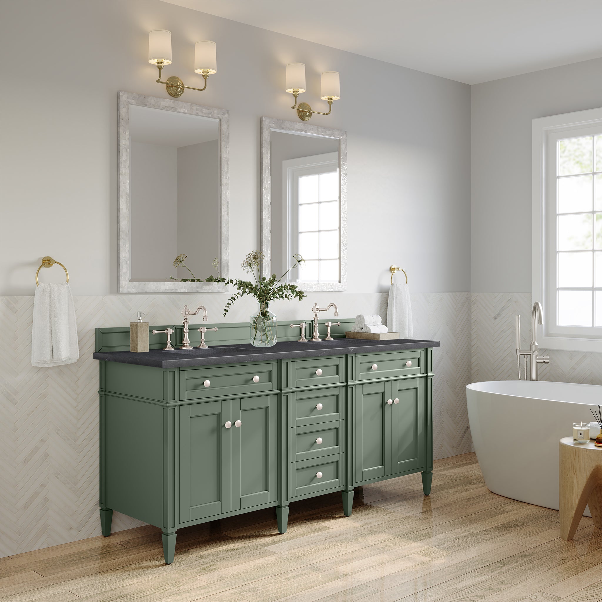 Brittany 72-Inch Double Vanity in Smokey Celadon with 3CM Charcoal Soapstone Top - Perfect for Master Bathroom Renovation & Luxury Home Decor