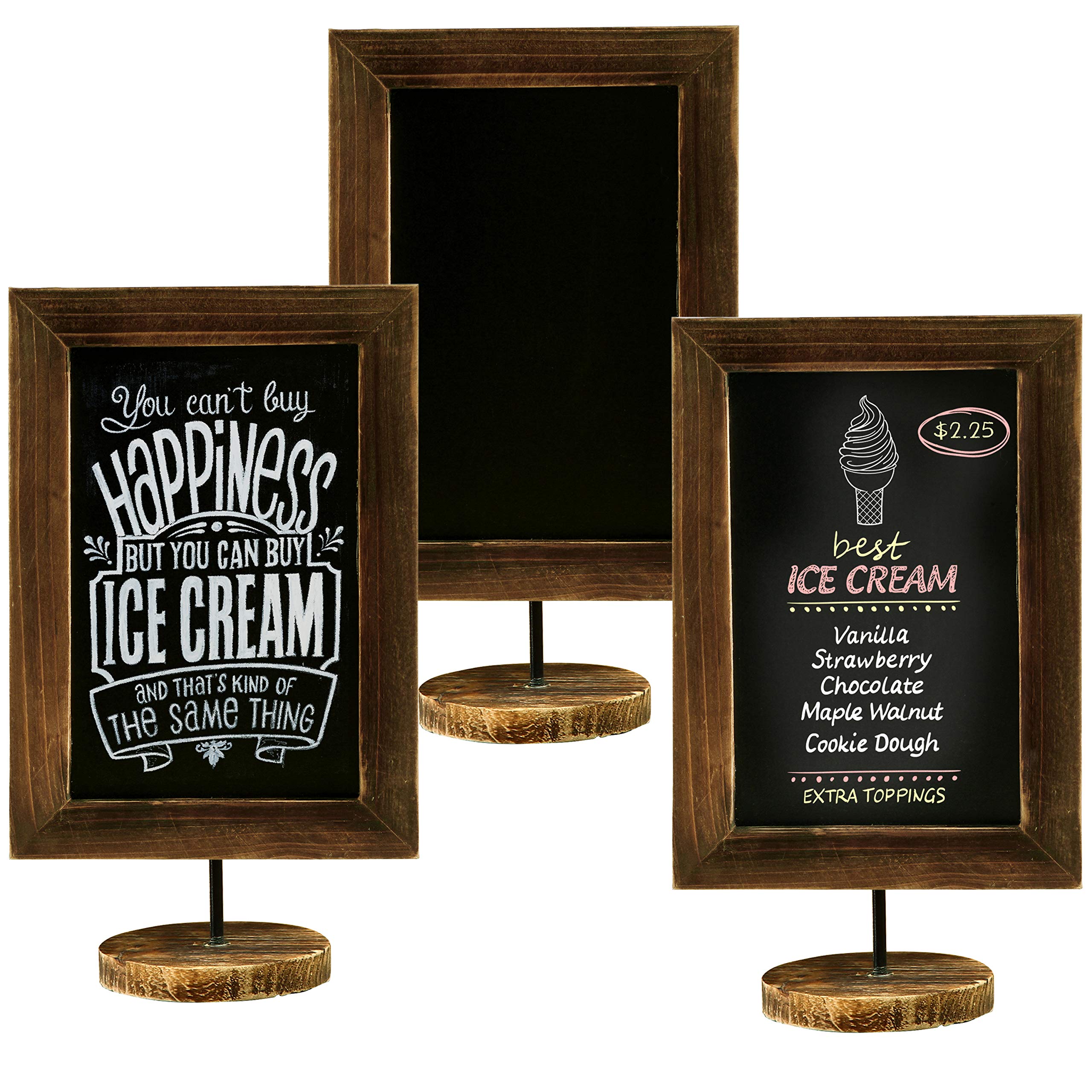 MyGift Set of 3 Rustic Chalkboard Signs with Burnt Wood Frame & Round Base - Wedding Table Place Cards, Kitchen Memo Boards - Perfect for Weddings, Restaurants & Home Décor