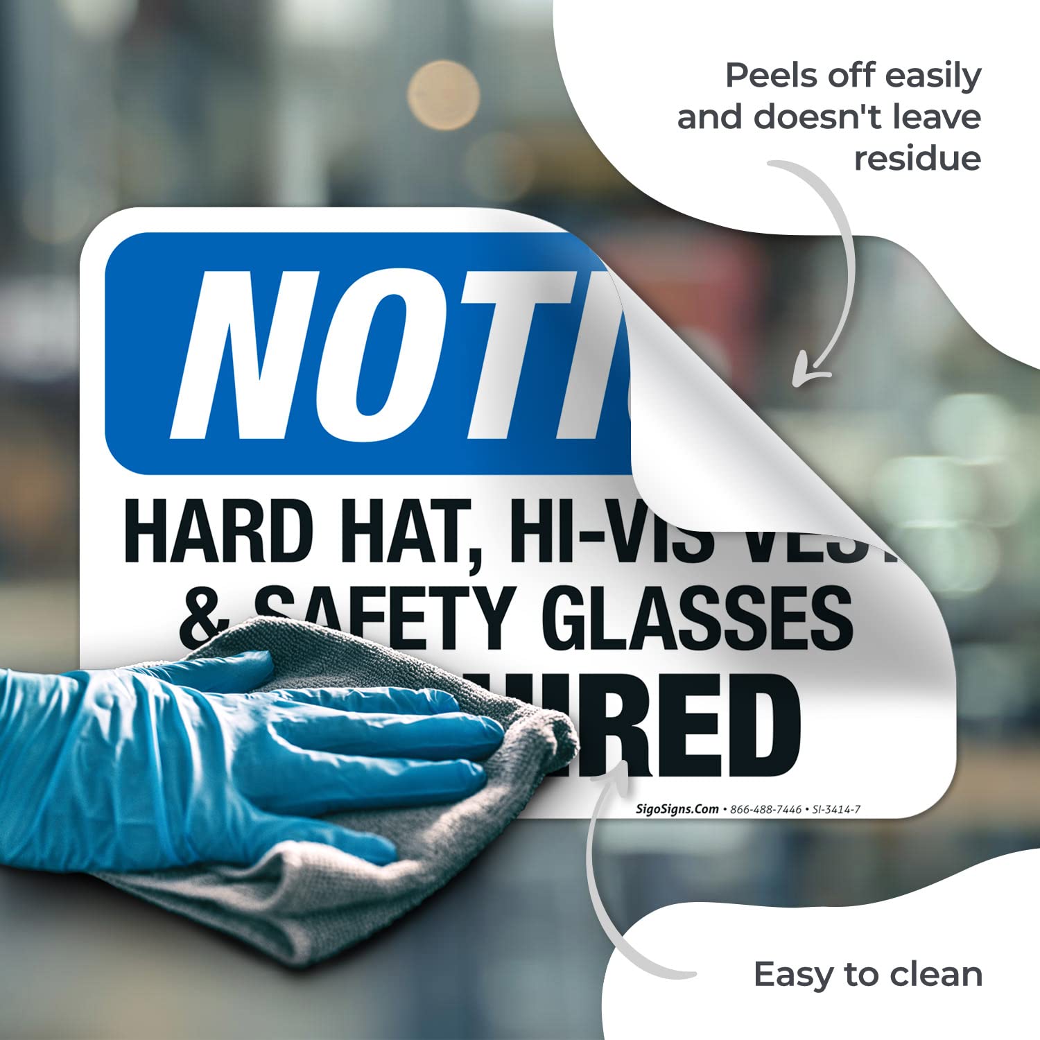 OSHA Approved Hard Hat Hi-Vis Vest & Safety Glasses Required Sign - 10x7 Inch Durable 4 Mil Vinyl Decal Sticker - Weatherproof, UV Resistant, Long Lasting - Made in USA - Perfect for Construction Sites, Warehouses & Industrial Workplaces