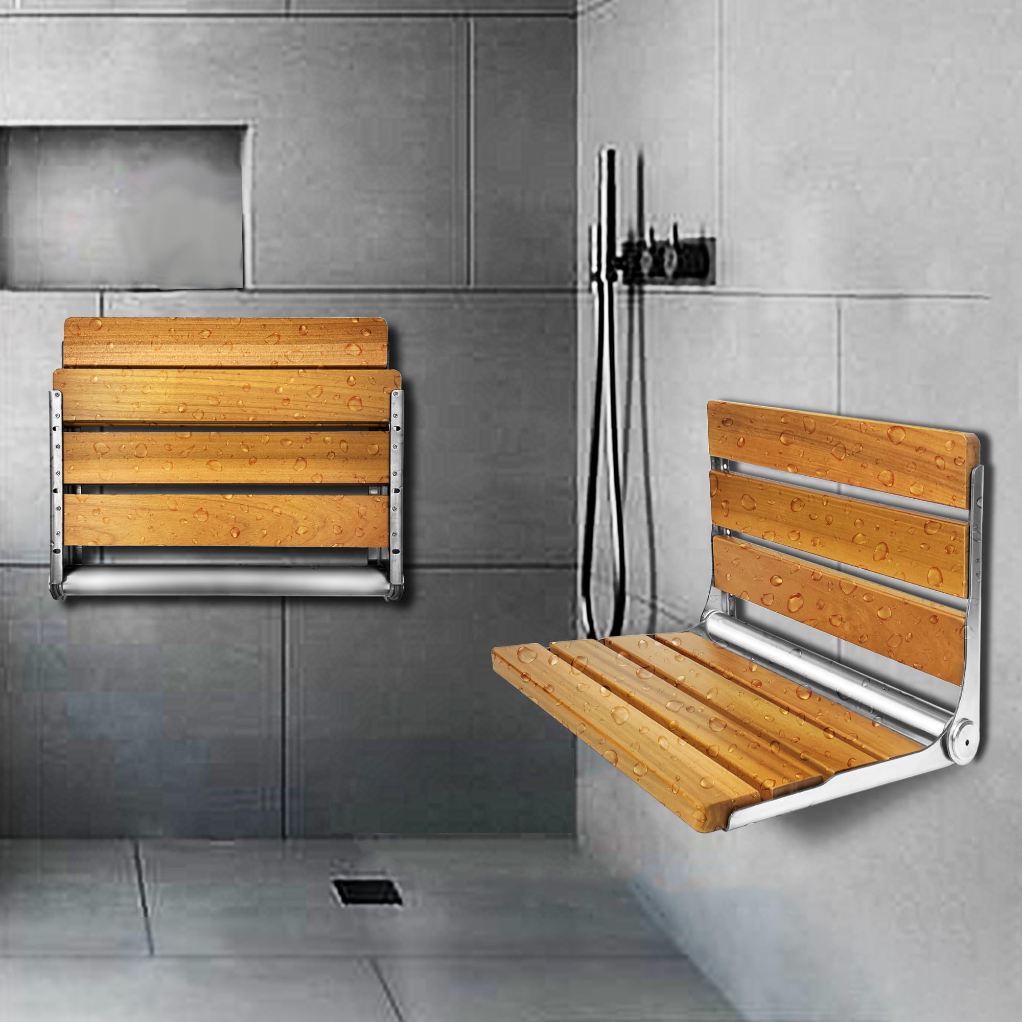 Premium Folding Teak Shower Seat - Stainless Steel Bath Safety Stool for Elderly & Disabled - Foldable Shower Bench with Non-Slip Feet - Perfect for Bathroom, Spa & Assisted Living Facilities