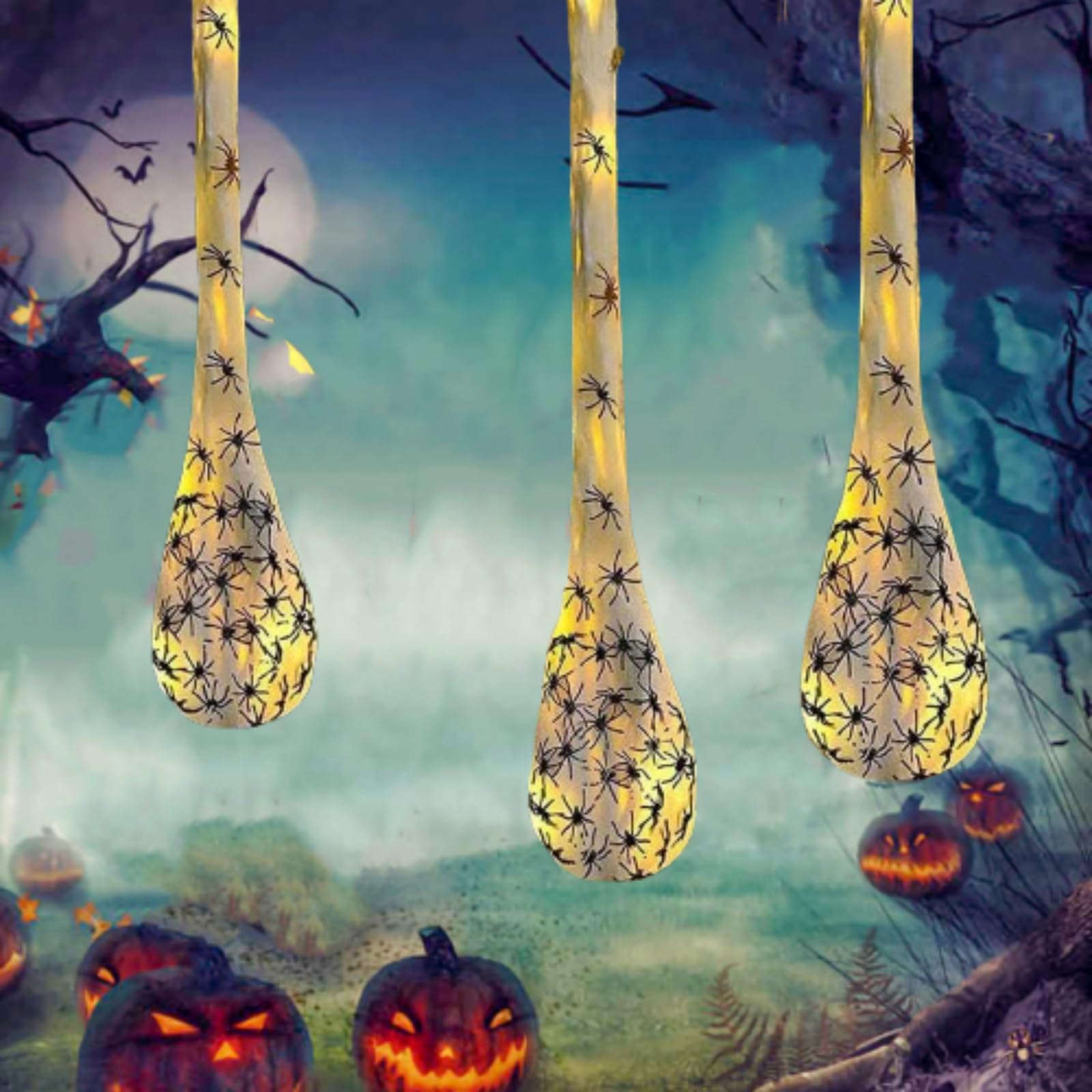 **Halloween LED Light-Up Spider Egg Sacs Decorations - 3PCS White Hanging Spider Egg Sacks with Lights for Spooky Party, Haunted House & Outdoor Decor**