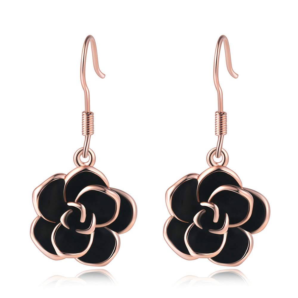18K Rose Gold Plated Black Rose Flower Hook Earrings for Women - Elegant Dangle Earrings for Party, Wedding & Evening Occasions