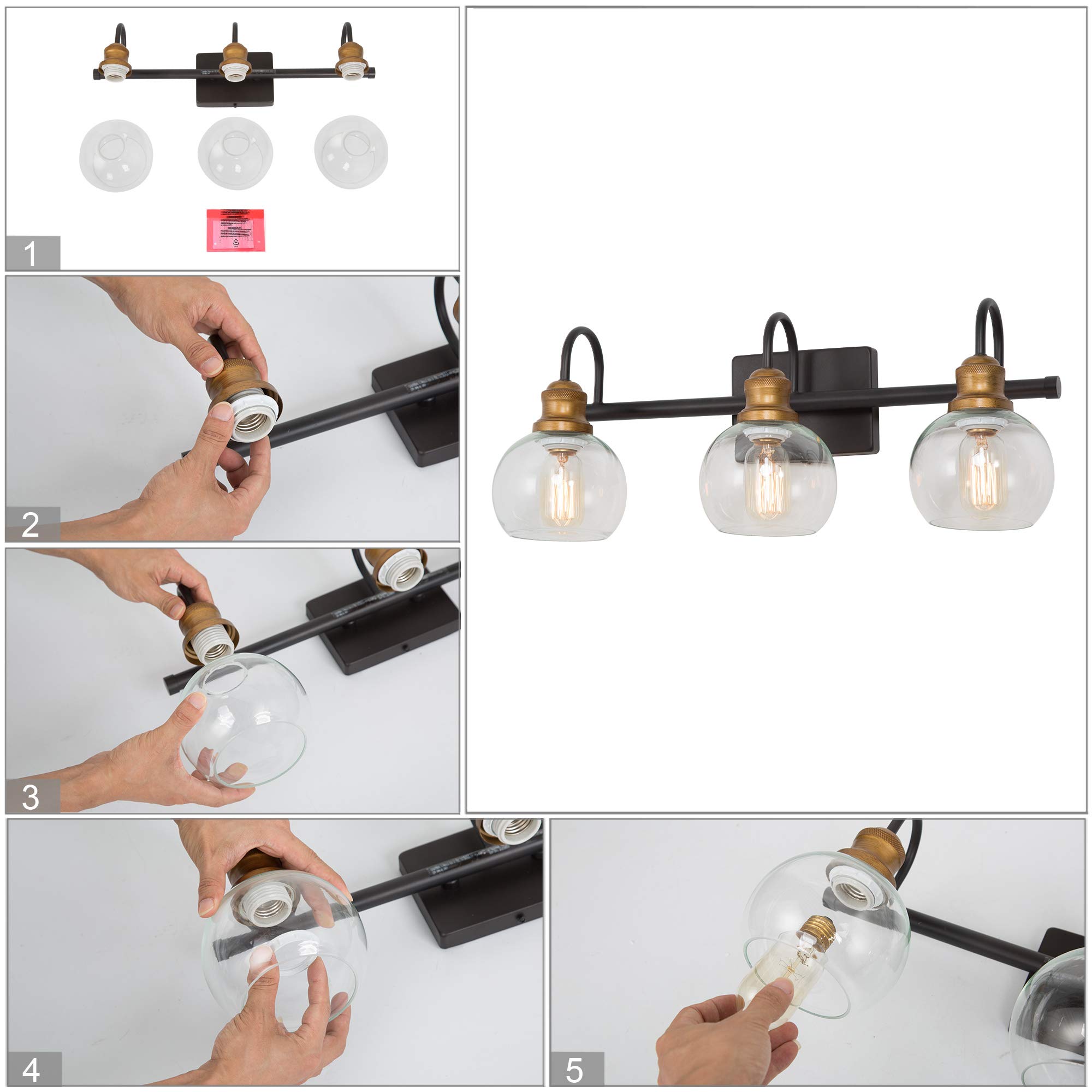 LALUZ Bathroom Vanity Lights - Oil Rubbed Bronze Finish, Antique Gold Socket with Clear Glass Shade - 22.5