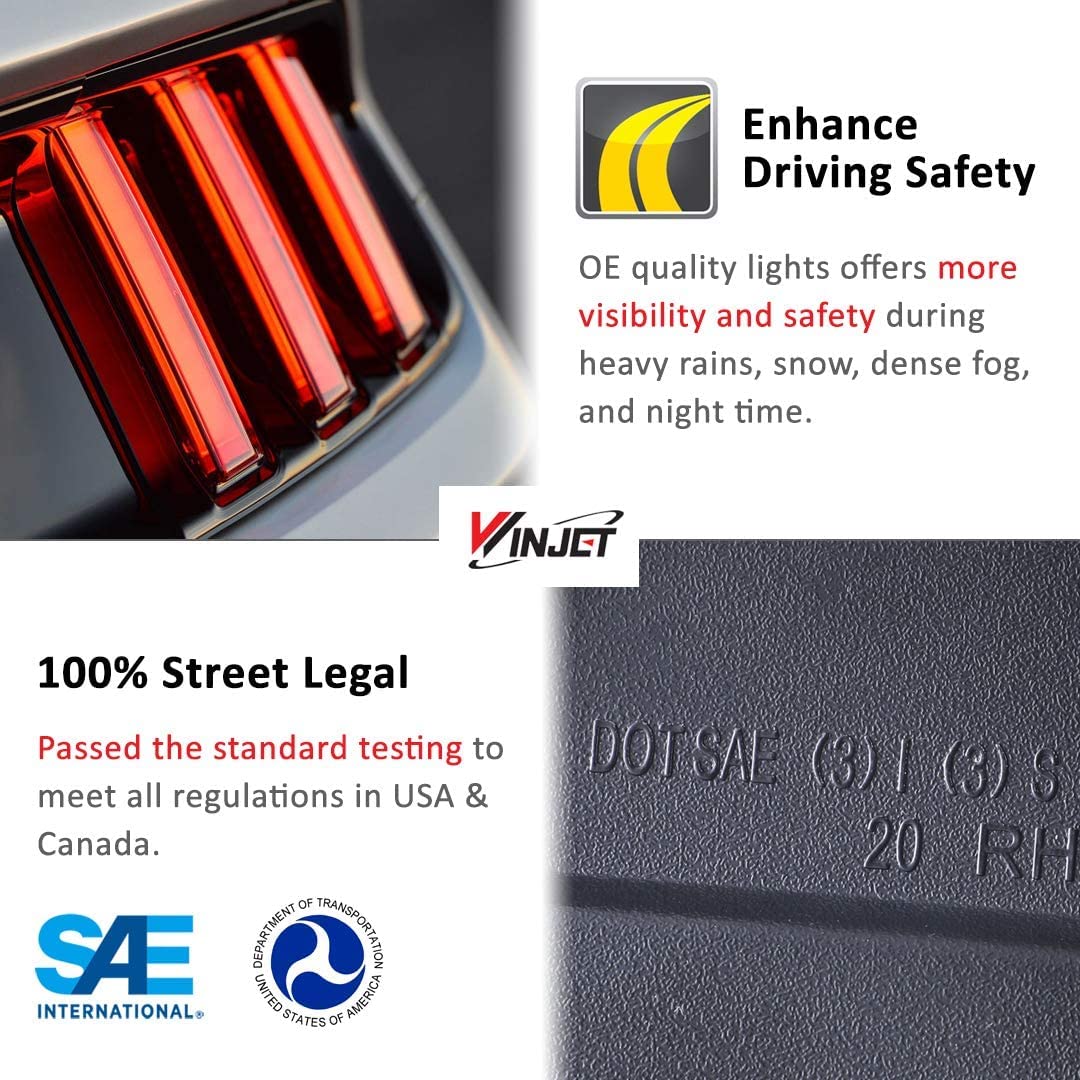 Winjet Euro Style LED Tail Lights Assembly for 2015-2022 Ford Mustang - Sequential Dynamic Turn Signals & Running Lights, Smoke Lens (1 Pair) - Upgrade Your Mustang's Rear Style for Night Driving & Car Shows