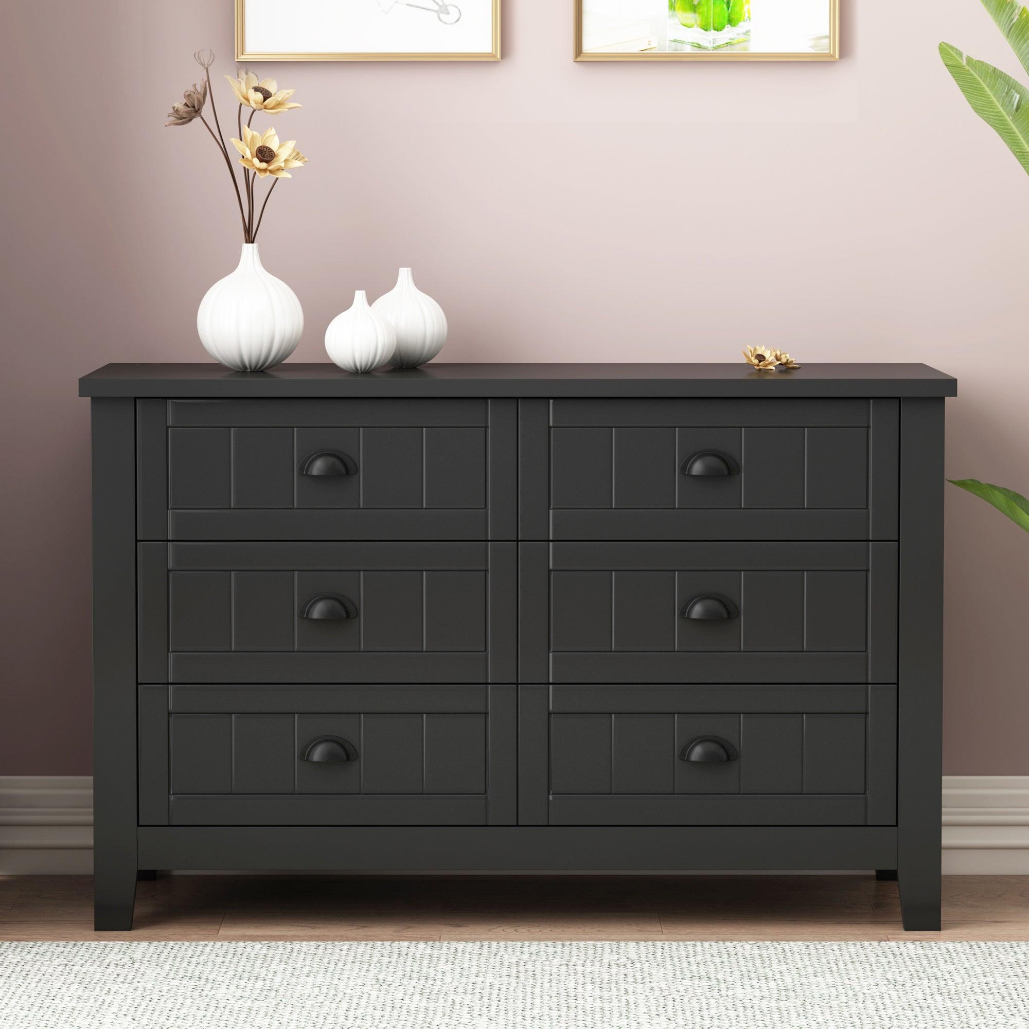Vintage Black Solid Wood Drawer Dresser Bar Cabinet - Retro Buffet Sideboard with Plastic Door Panel & Shell Handles for Dining Room, Living Room, Kitchen & Hallway Storage