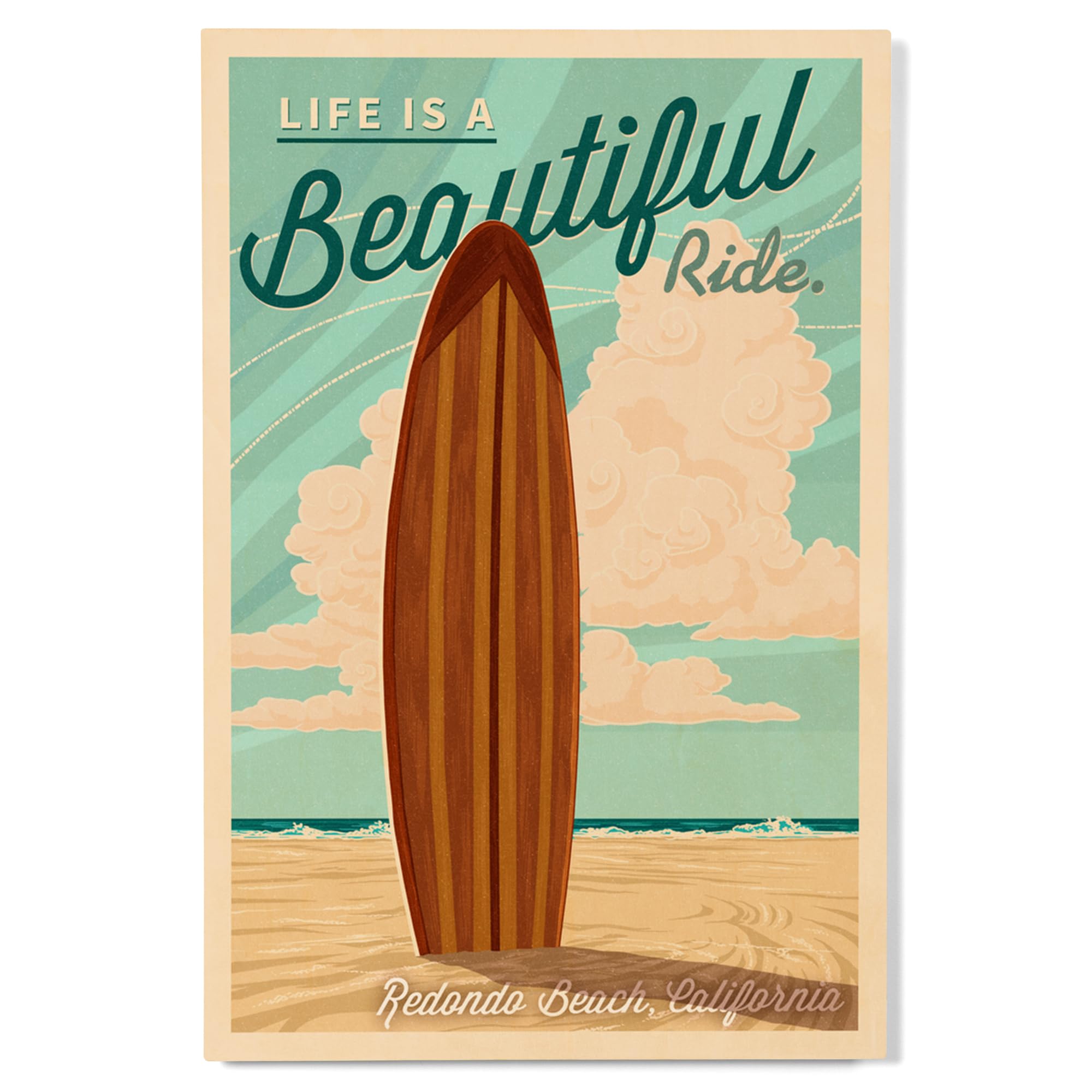 Lantern Press 12x18 Inch Premium Wood Wall Sign - Ready to Hang Coastal Decor with 'Life is a Beautiful Ride' Surfboard Design - Perfect for Beach House, Living Room or Office in Redondo Beach California Style