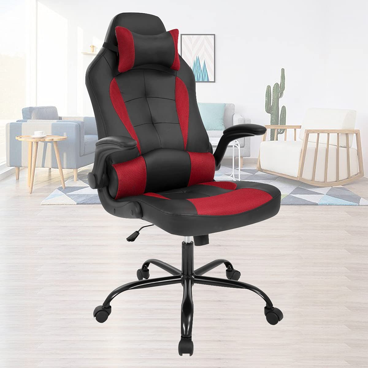 Ergonomic Gaming Chair with Adjustable Height, Swivel & High Back Support - Red Leather Office Chair for PC & Computer Desk - Perfect for Long Gaming Sessions, Work from Home & Office Use