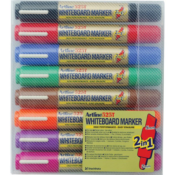 Artline 525T Dual Tip Whiteboard Markers - 8 Pack of Dry Erase Markers for Classroom, Office & Home Use - Fine & Broad Nib White Board Markers for Teachers & Students